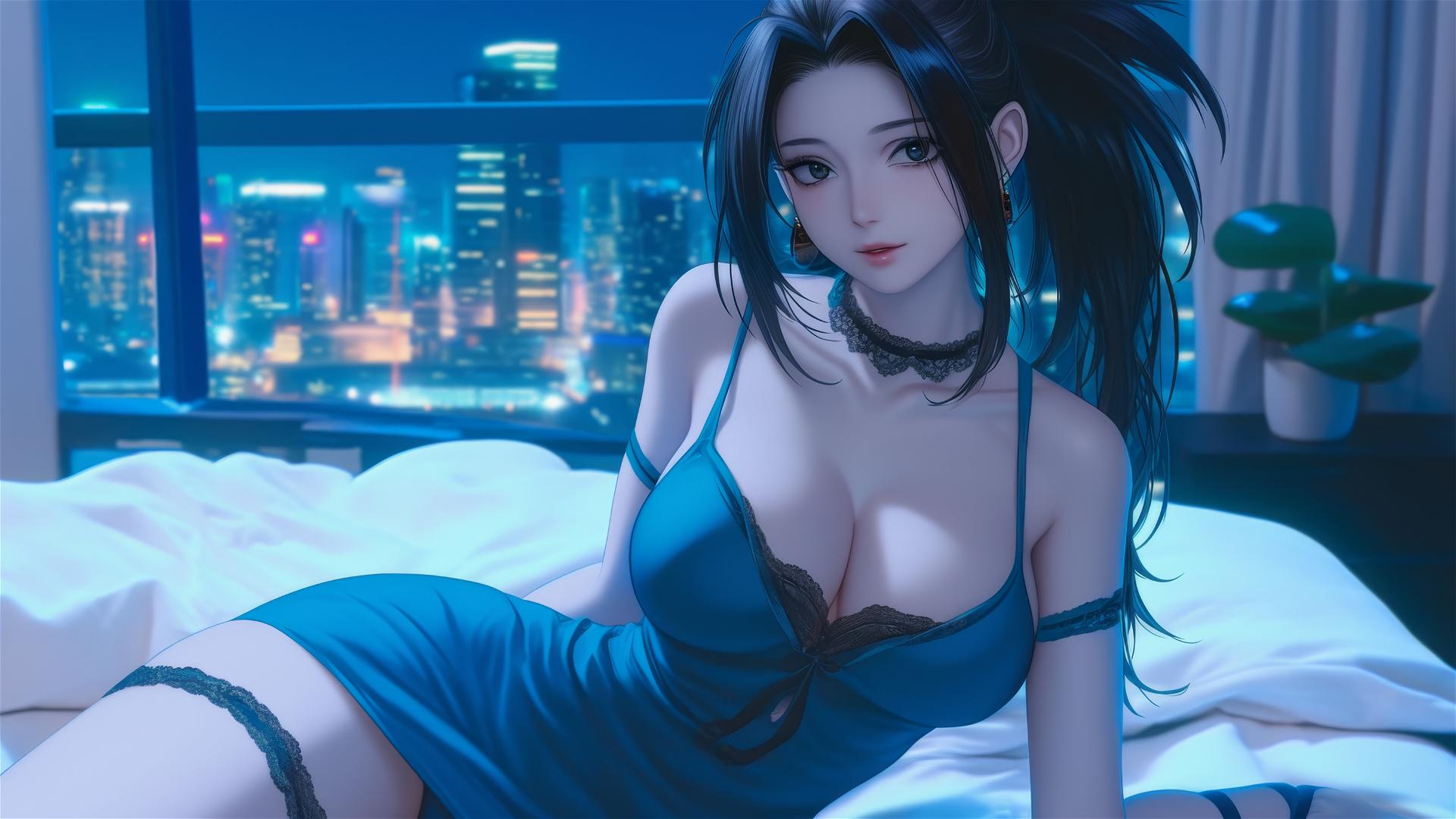 Momo Yaoyorozu in a modern hotel room with neon light glow