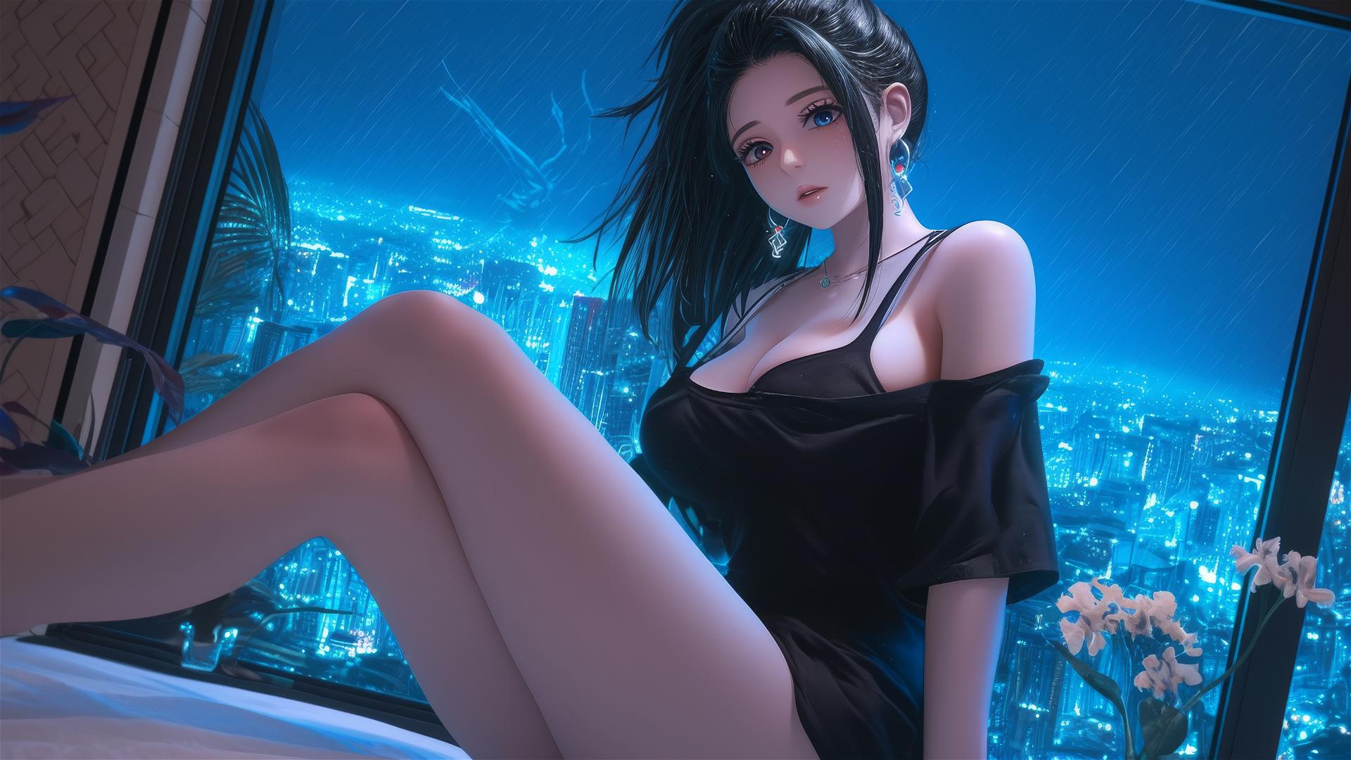 Momo Yaoyorozu in a neon-lit modern hotel room with thigh highlights