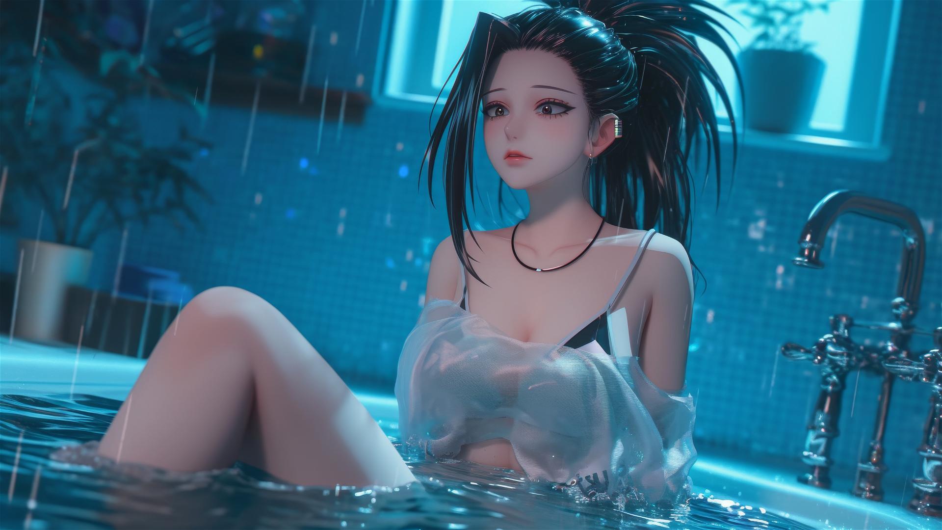 Momo Yaoyorozu from My Hero Academia in a tub with neon light highlighting her thighs.