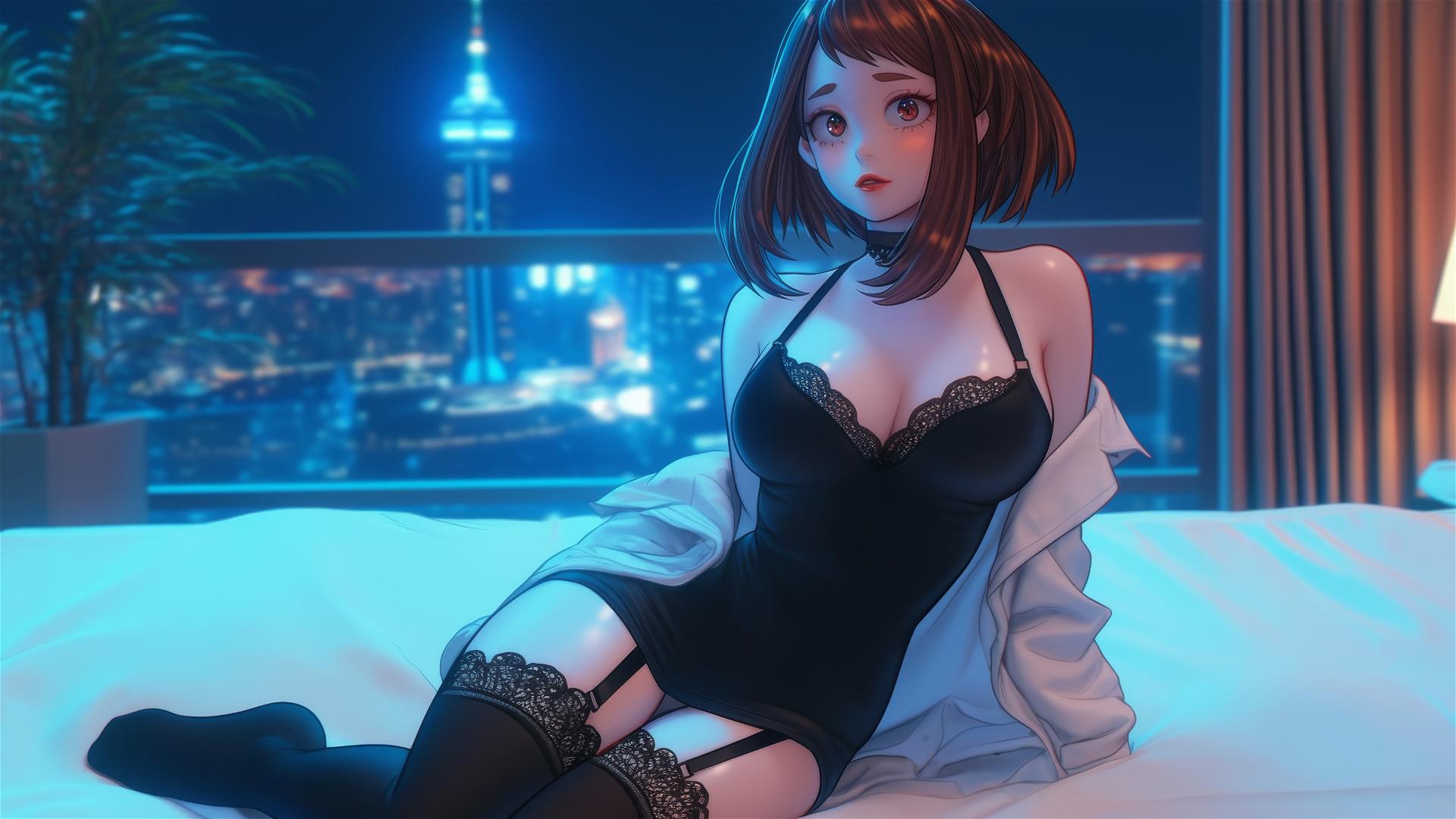 Ochaco Uraraka in a modern hotel room with neon lighting.
