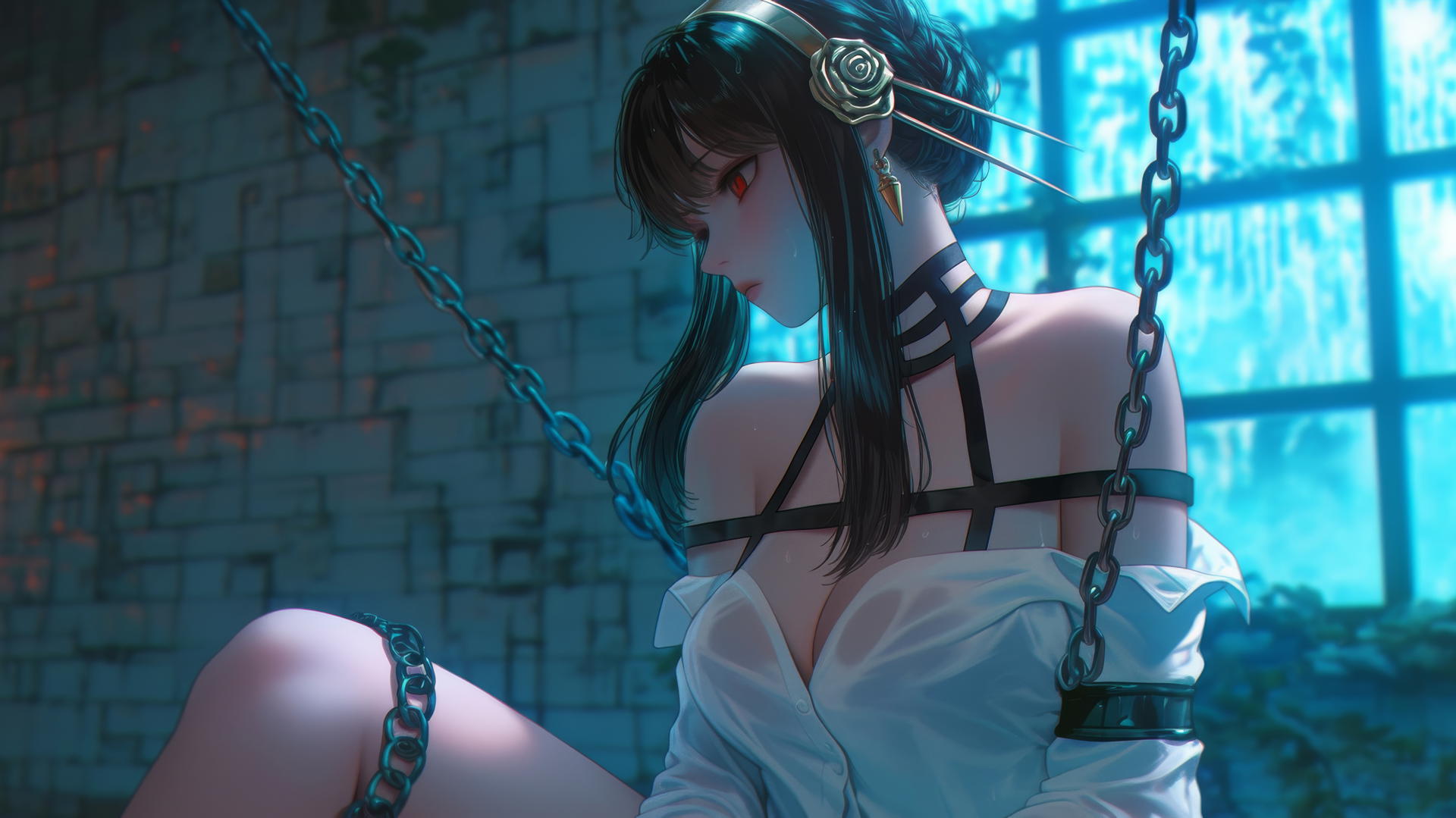 Yor Forger from Spy x Family chained in a tub with neon light glow