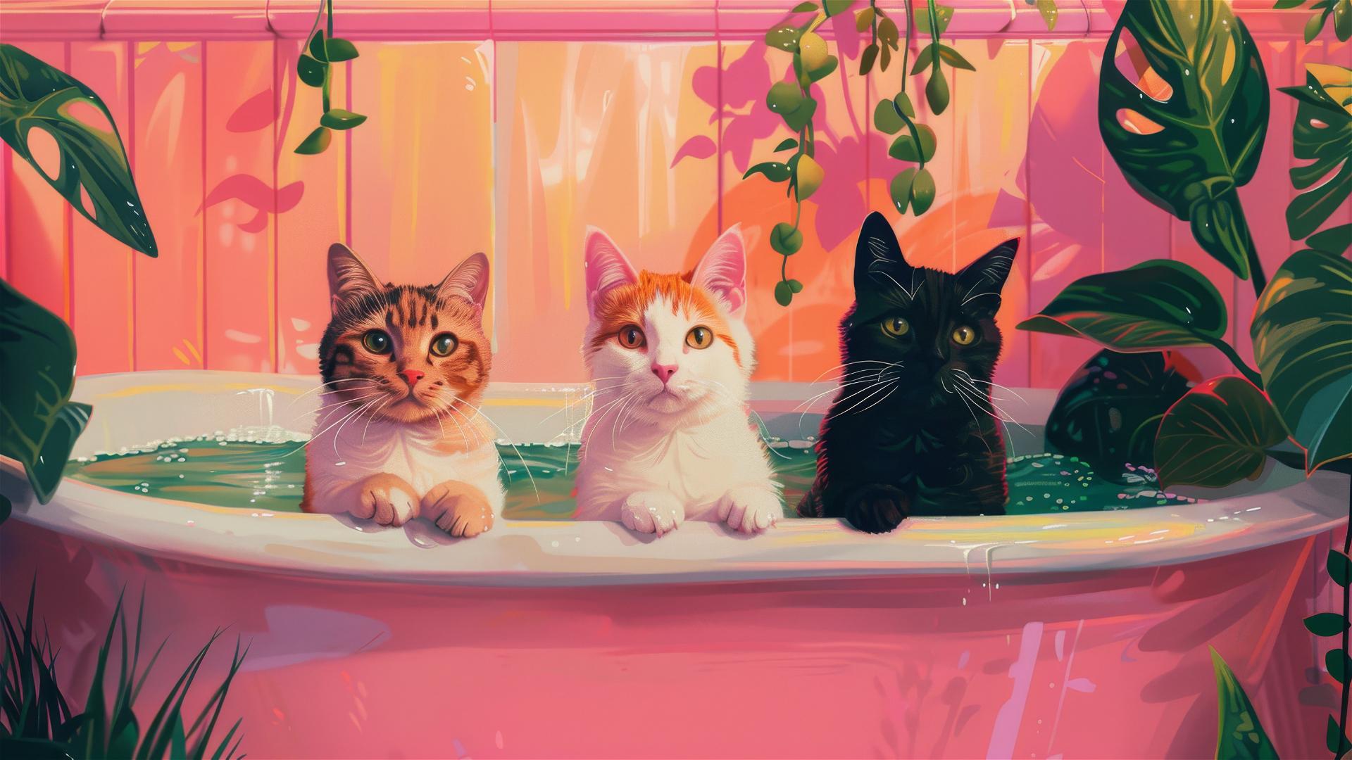 Illustration of cats in a bathtub surrounded by vibrant plants