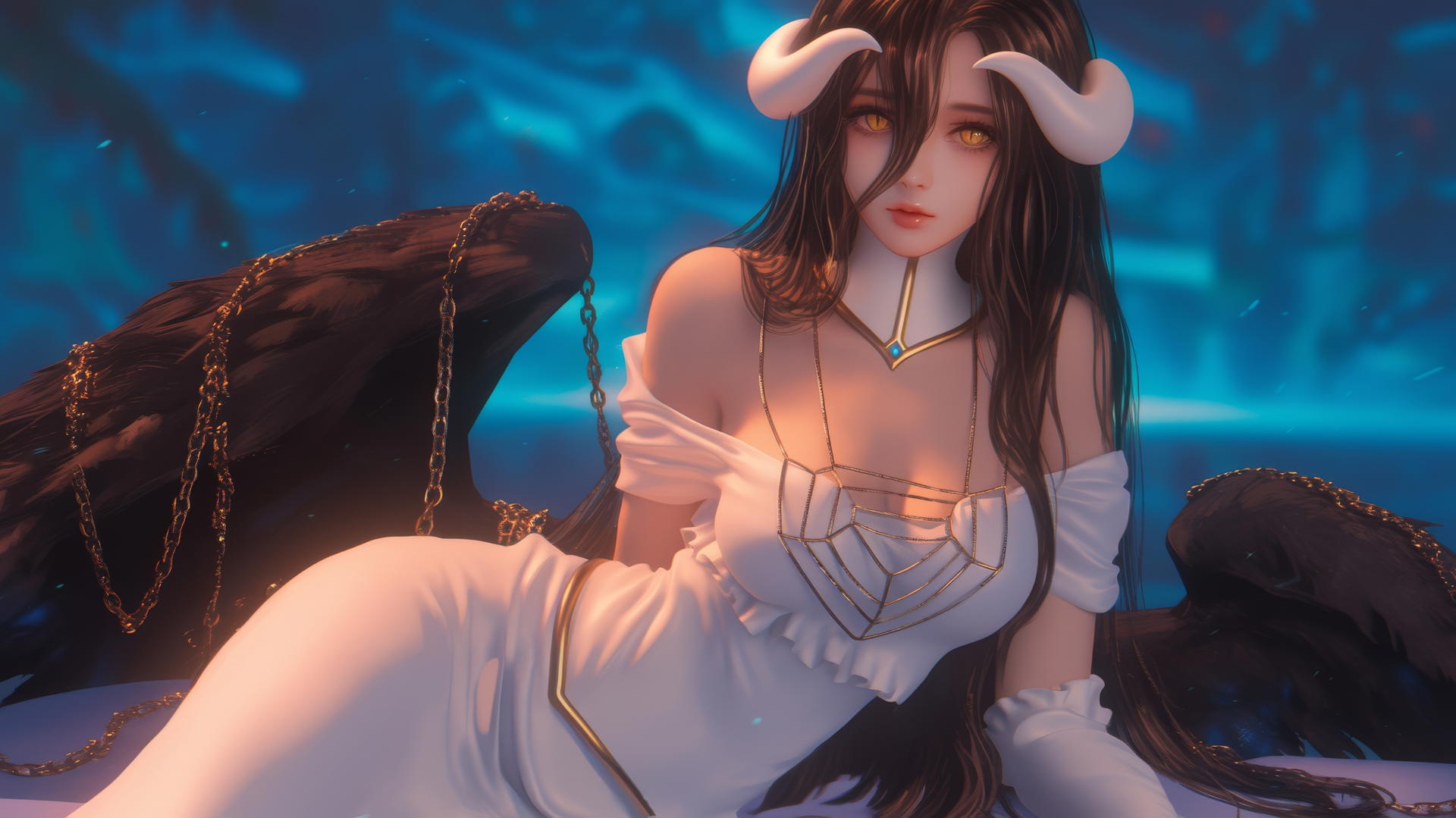 Albedo from Overlord in chains wearing black in a modern hotel room
