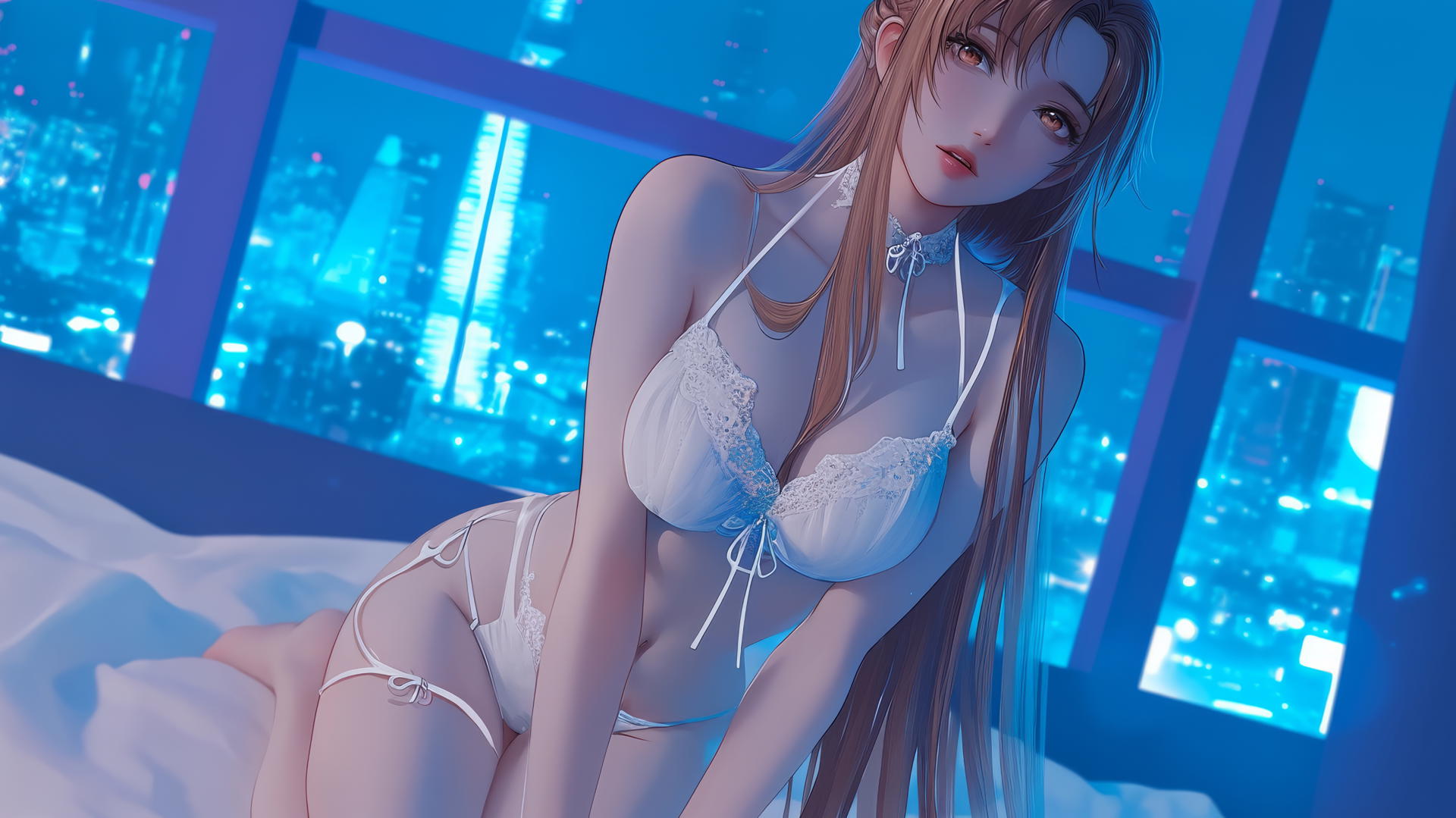 Asuna from Sword Art Online kneeling and looking up, neon-lit modern hotel room.