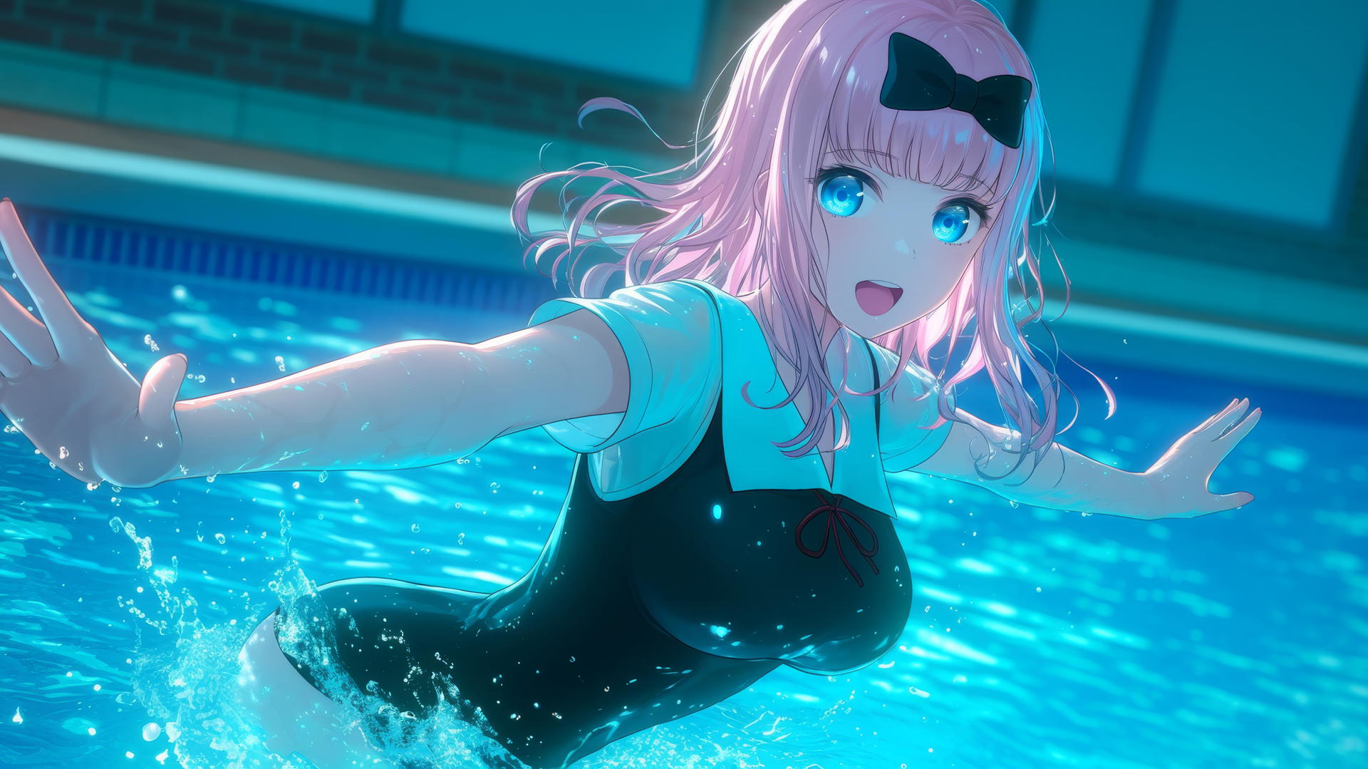 Chika Fujiwara with light pink hair and blue eyes jumps out of a swimming pool under moonlight.