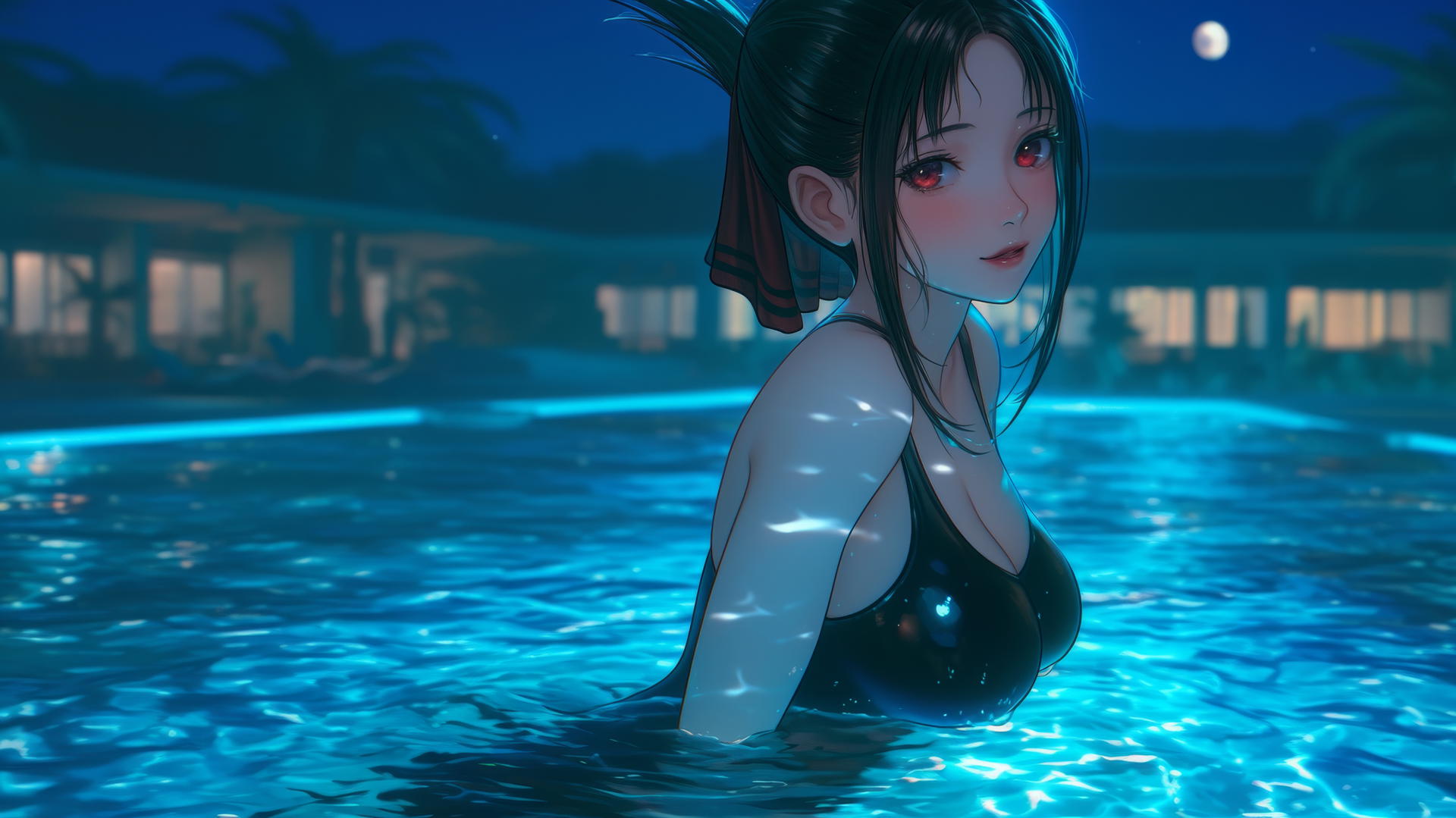 Kaguya Shinomiya jumping out of a swimming pool under moonlight glow