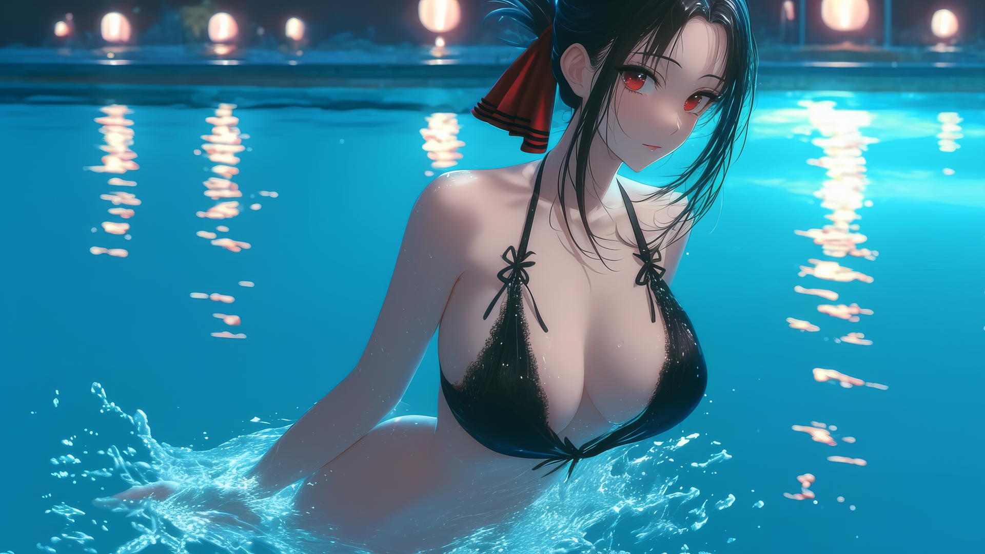 Kaguya Shinomiya jumping out of a swimming pool under moonlight.