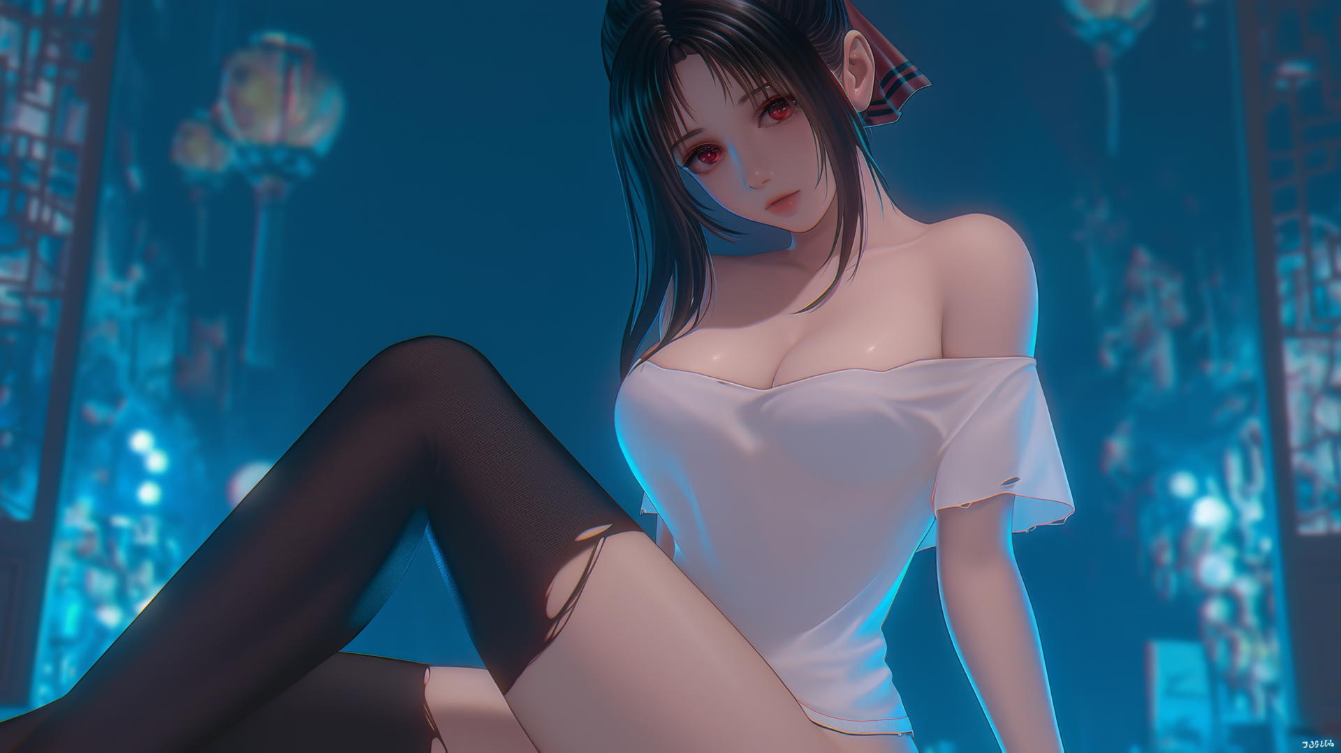 Kaguya Shinomiya with red eyes in worn-out t-shirt, neon-lit, kneeling, looking down