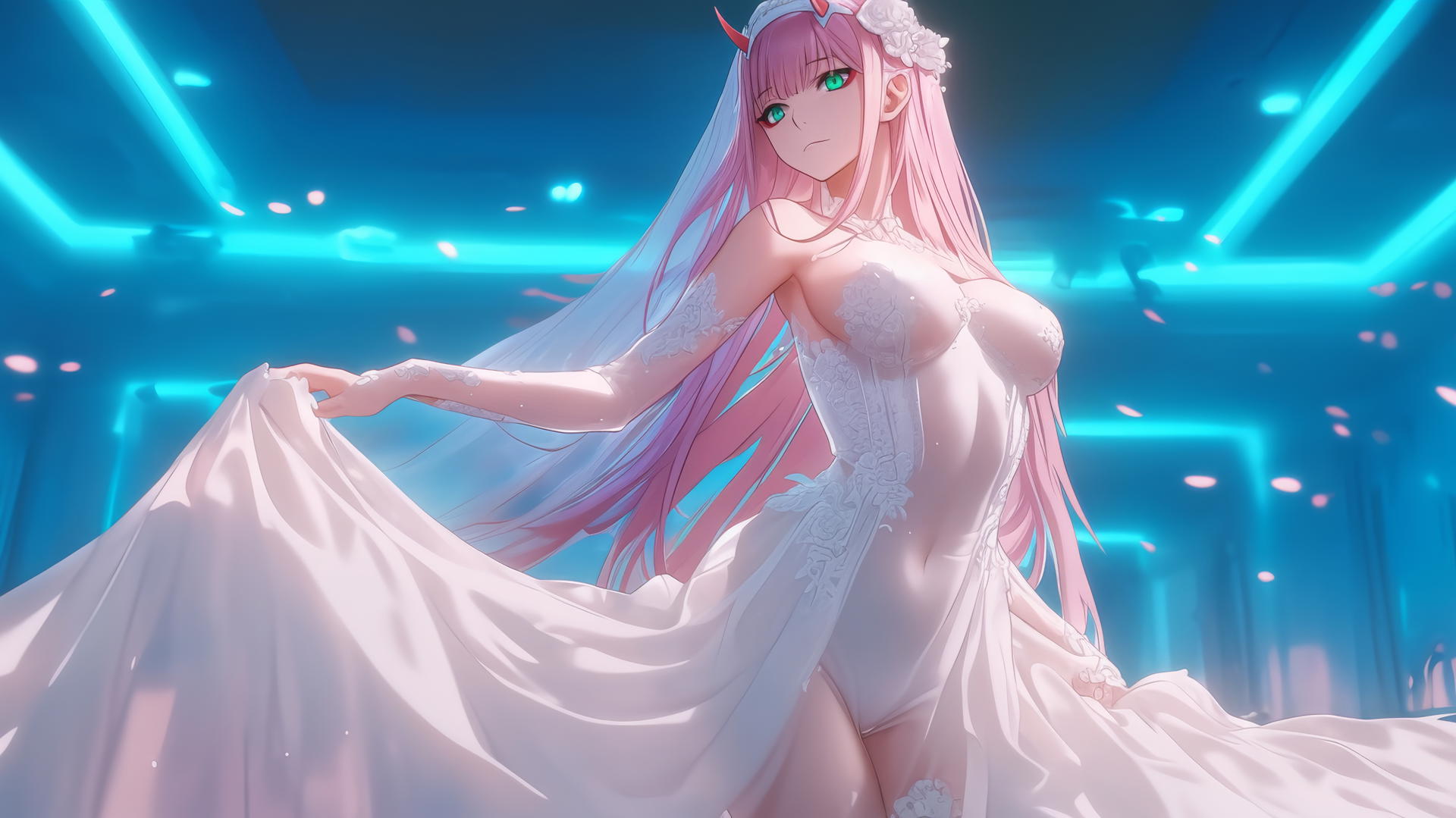 Zero Two from DARLING in the FRANXX kneeling in a wedding dress with neon-lit hotel ceiling.