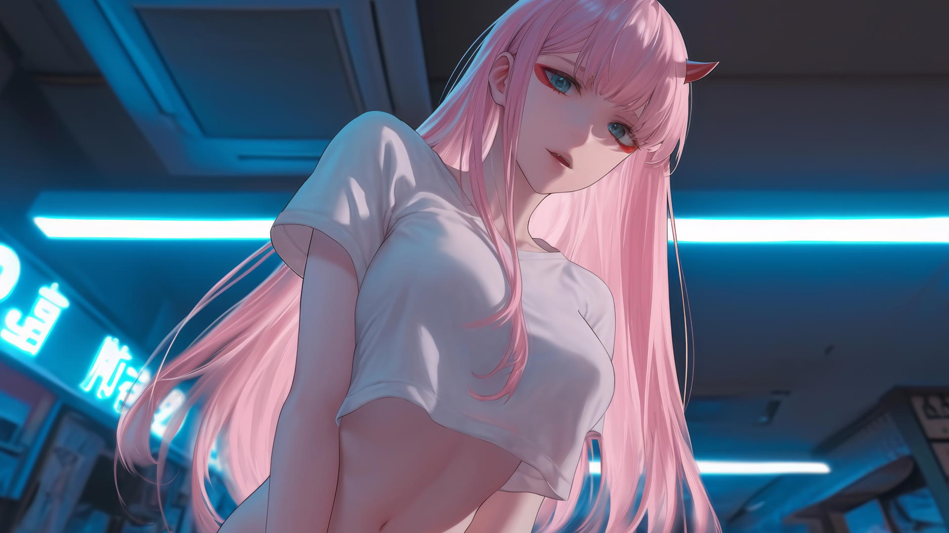 Zero Two from DARLING in the FRANXX kneeling, looking down, with pink hair and warm neon light