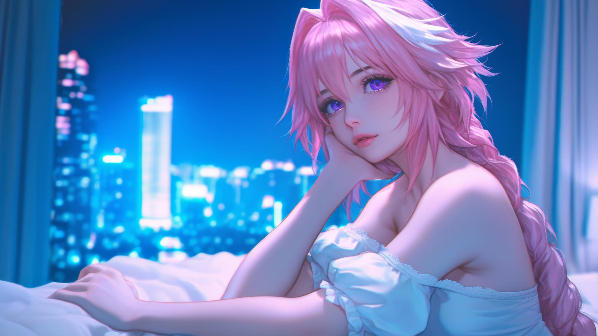 Astolfo from Type Moon resting in a modern hotel room with moonlight glow