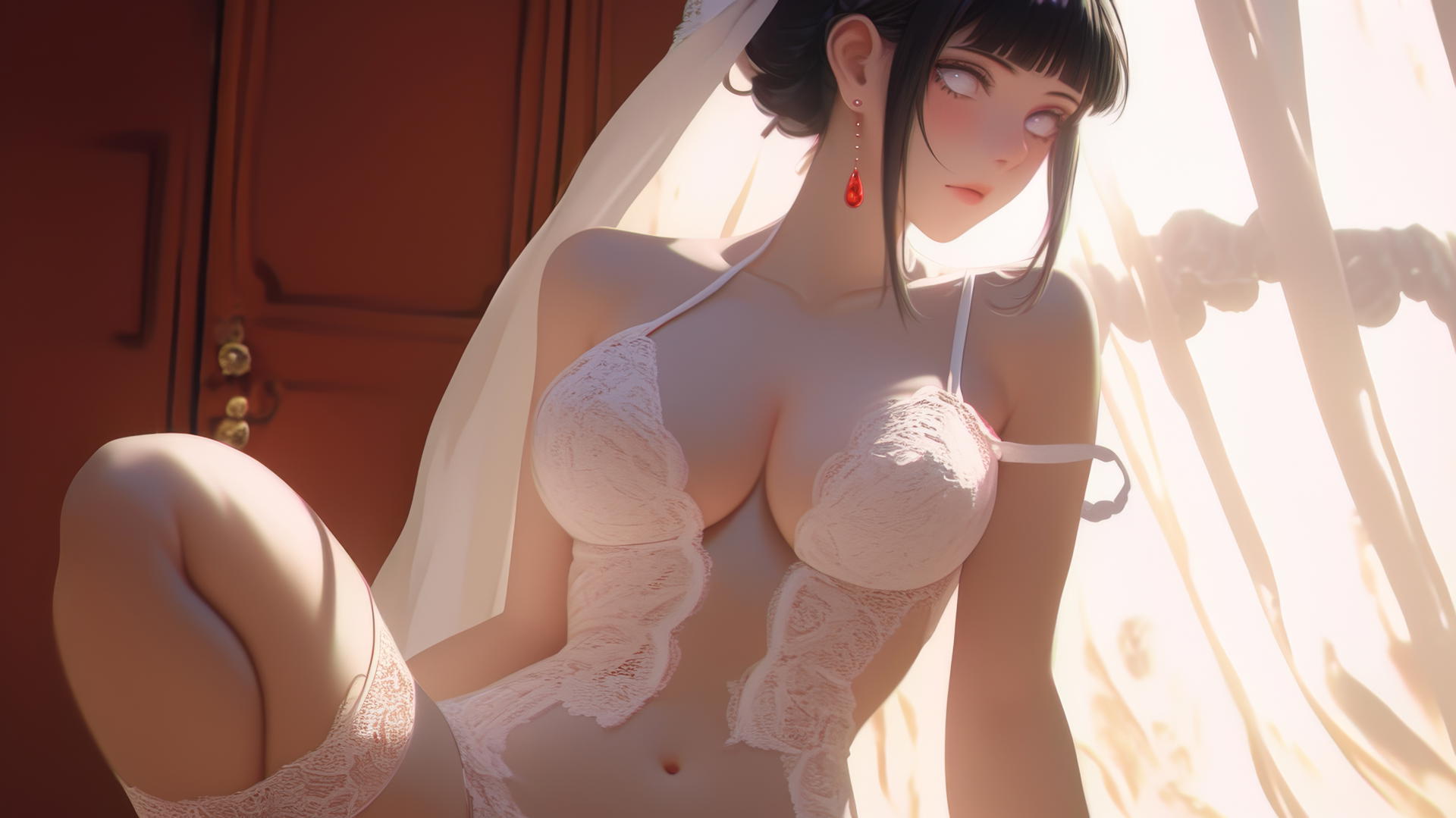 Hinata Hyuga in a wedding dress kneeling and leaning, seen from below