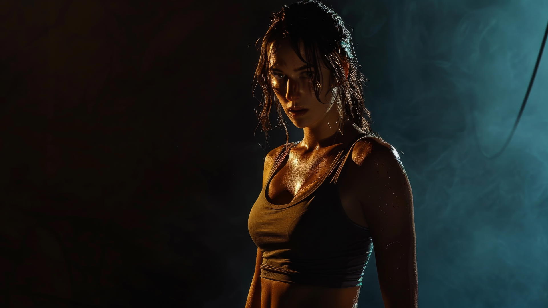 Lara Croft in dynamic pose under spotlight on dark background, highlighting thigh