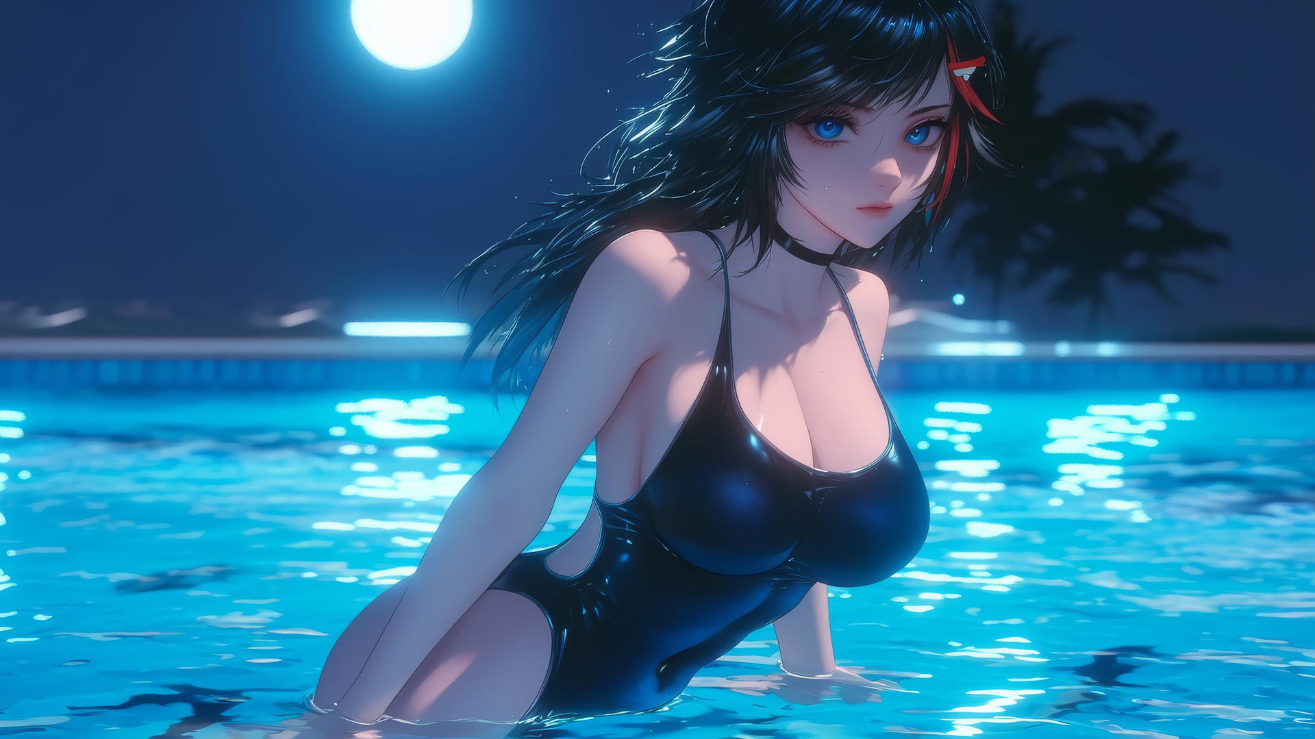 Ryuko Matoi with black hair and red streak, jumping out of a moonlit pool