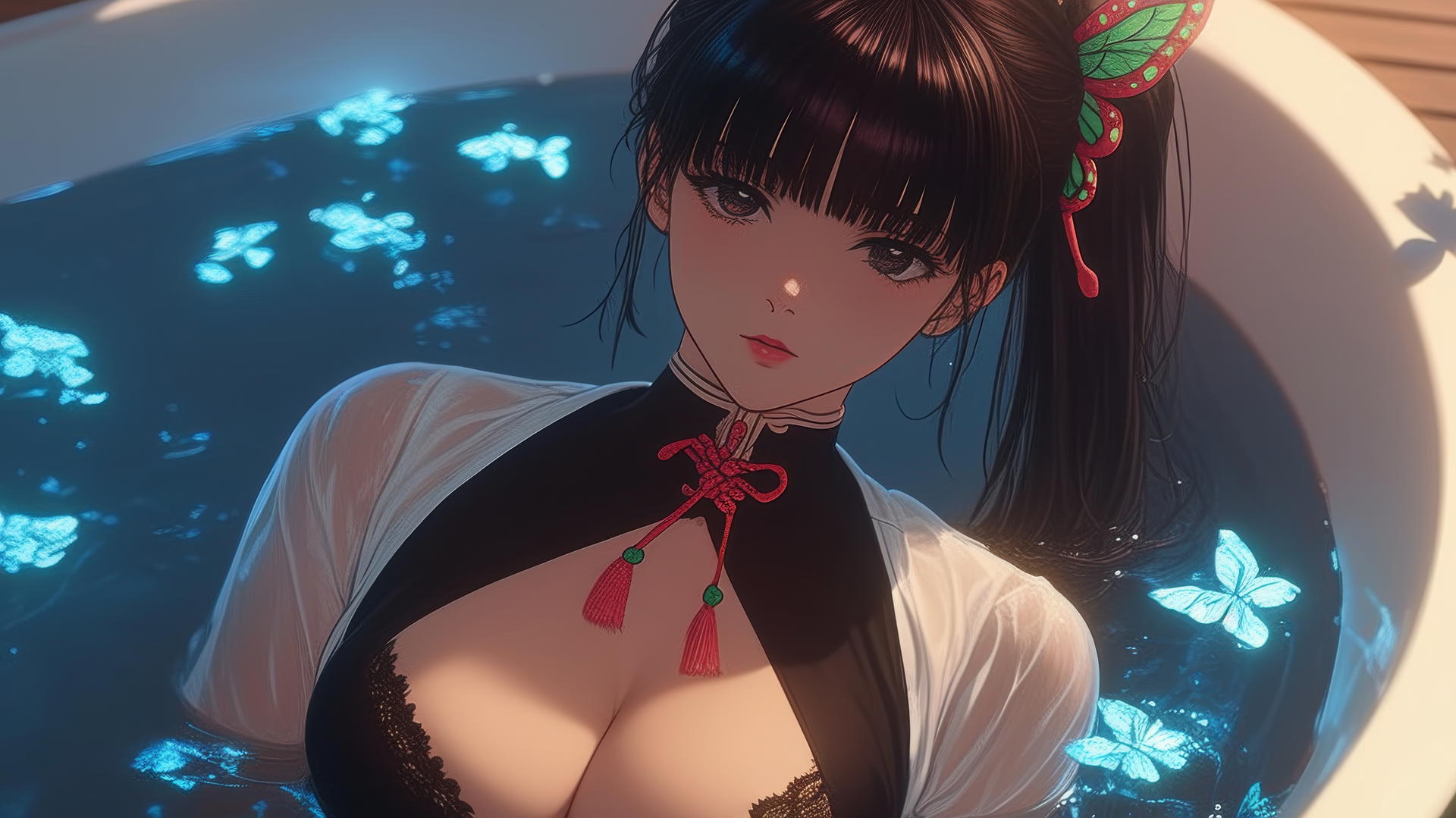 Kanao Tsuyuri from Demon Slayer resting in a tub with warm light highlighting her figure.