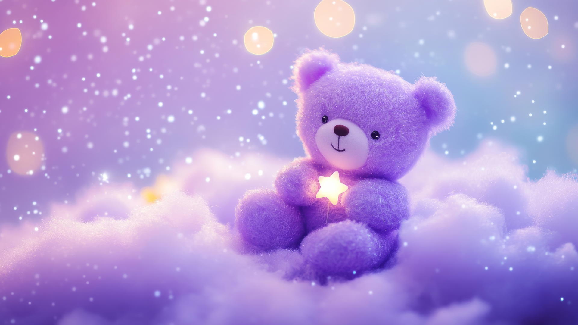 cute purple wallpaper with kawaii bear, tiny star, and twinkling lights