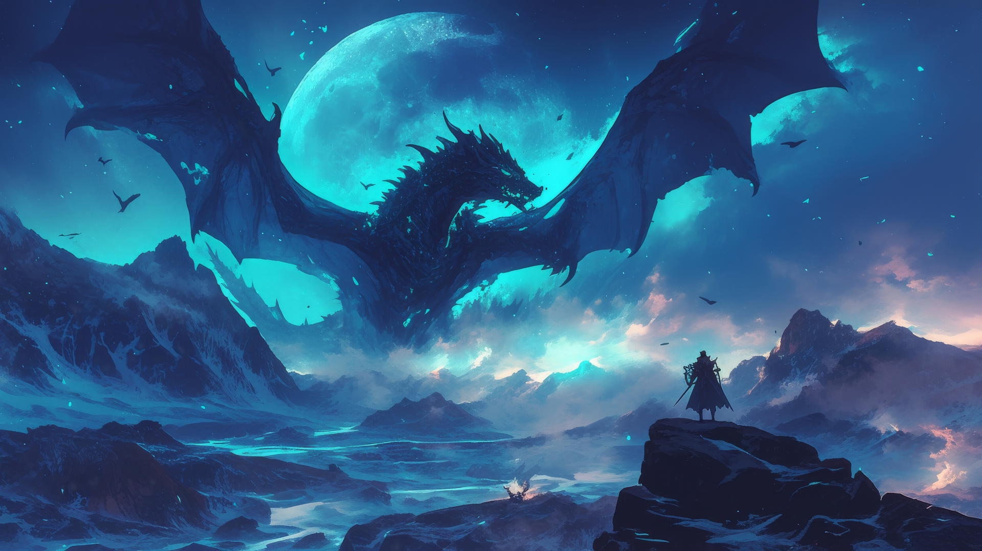 cool wallpapers 4k of a glowing dragon flying over a moonlit landscape.