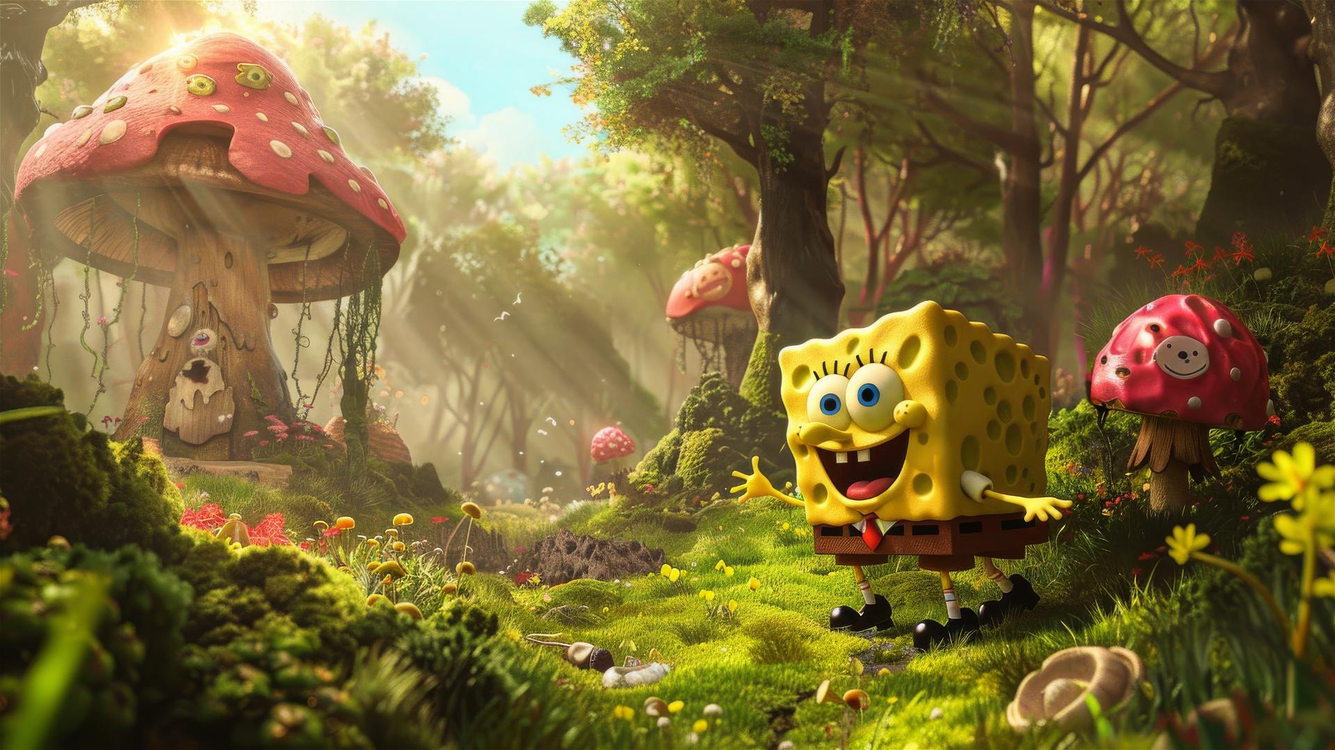 Spongebob Squarepants in a forest on a sunny day