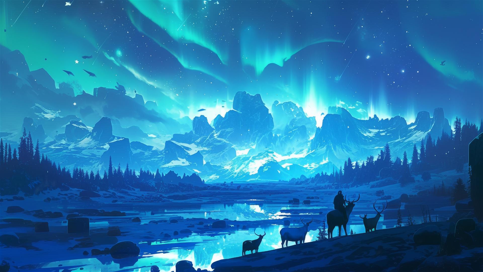Aurora borealis with animal silhouettes in magical rain-soaked polar sky