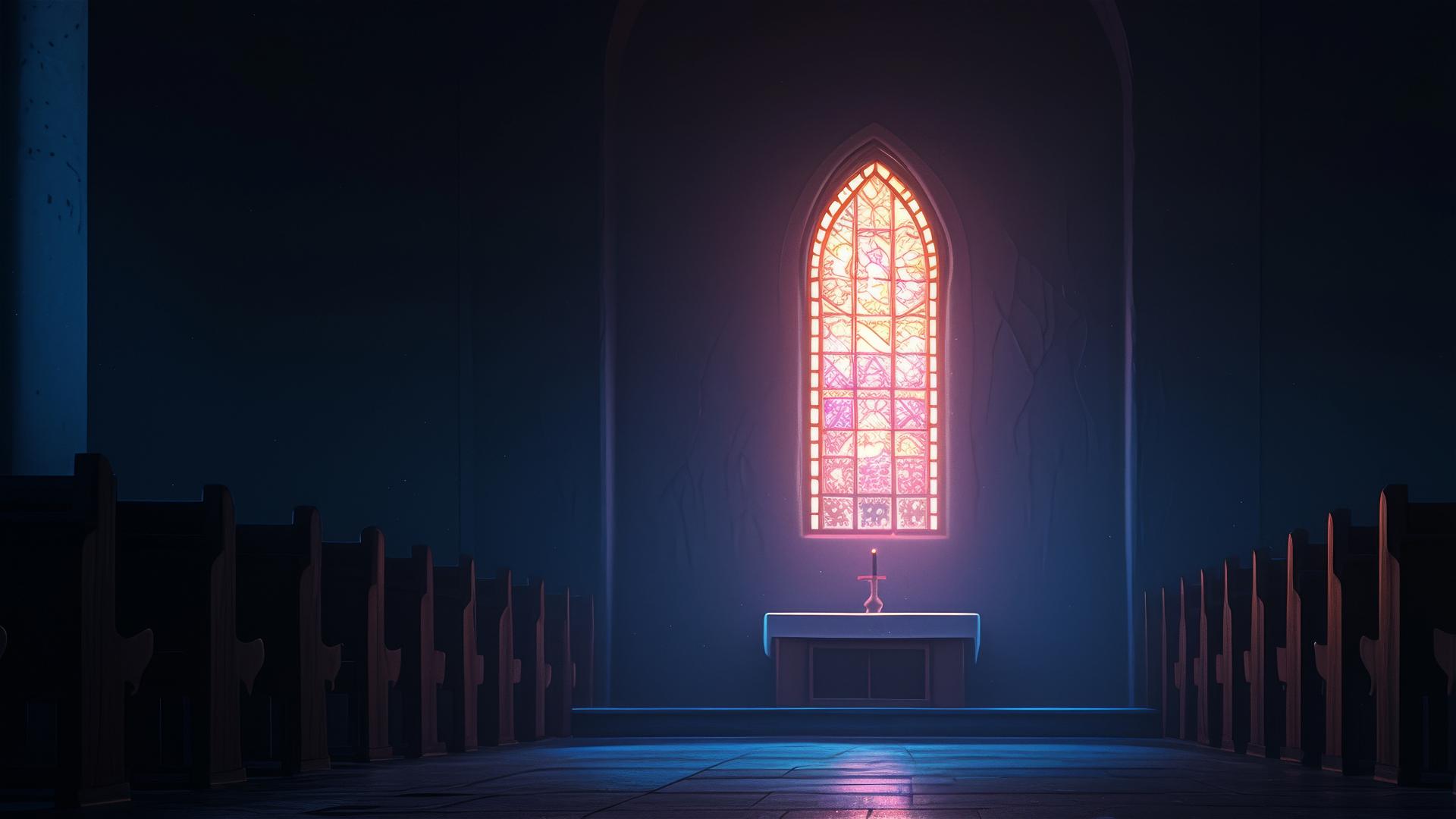 Stained glass window with faint glow in dark church scene