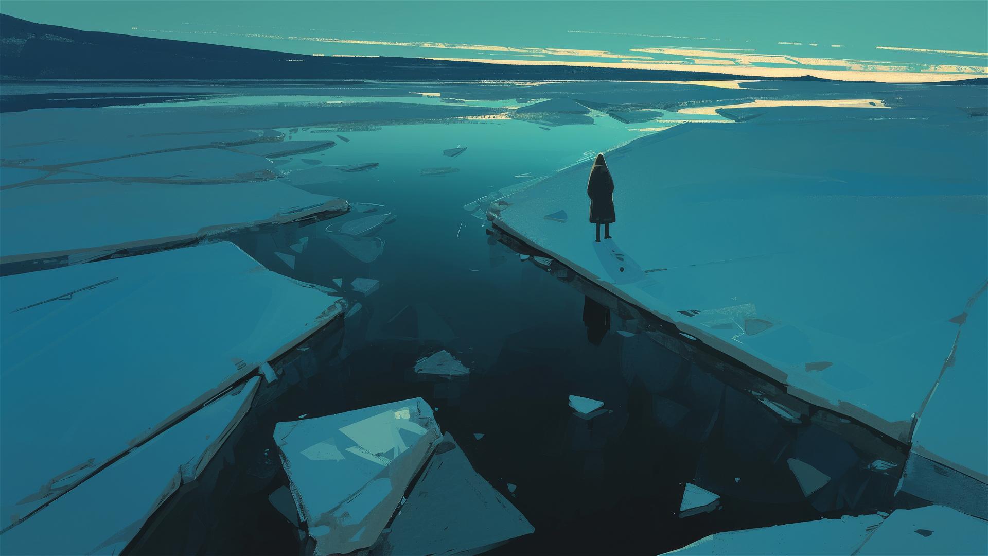 Minimalistic dark frozen lake with a single crack, evoking fragility in darkness