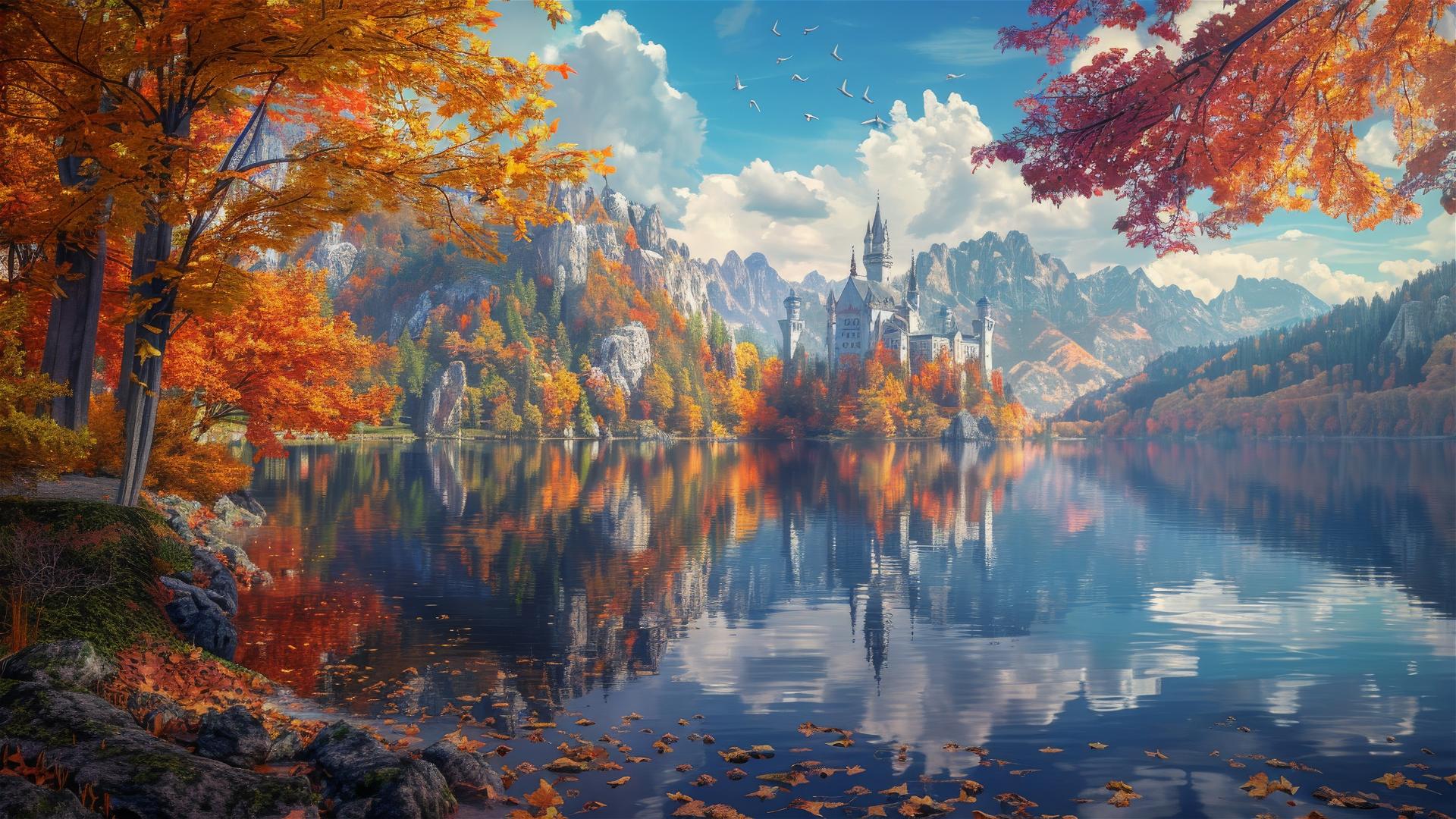 Serene lakeside with clear reflection of a castle and autumn foliage