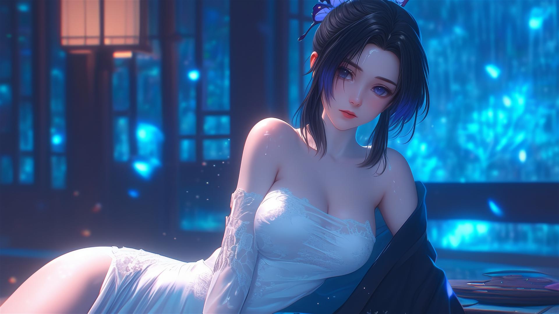 Shinobu Kocho resting in a modern hotel room with neon lights and moonlight.