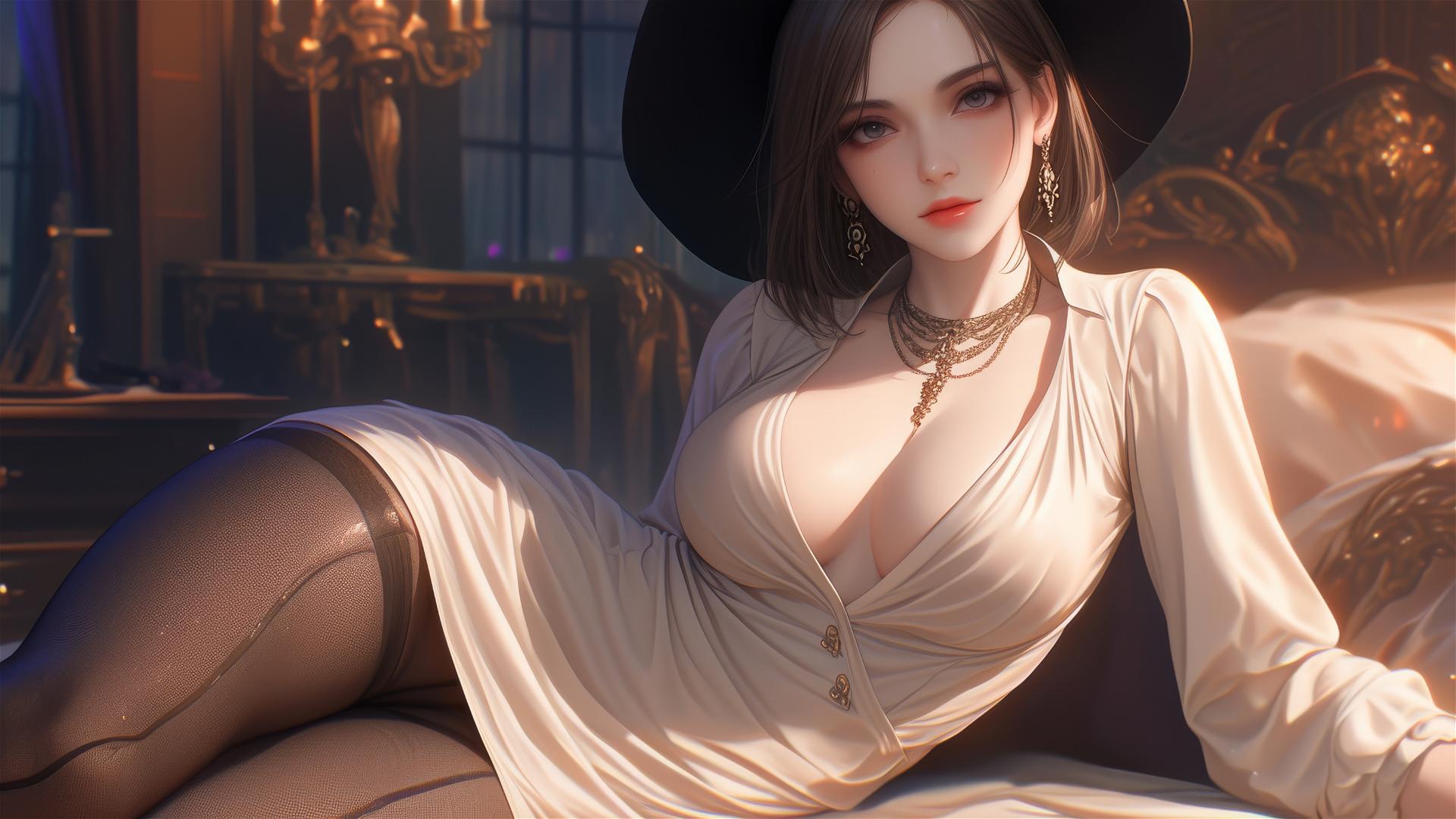 Lady Dimitrescu resting on a modern hotel bed illuminated by moonlight.