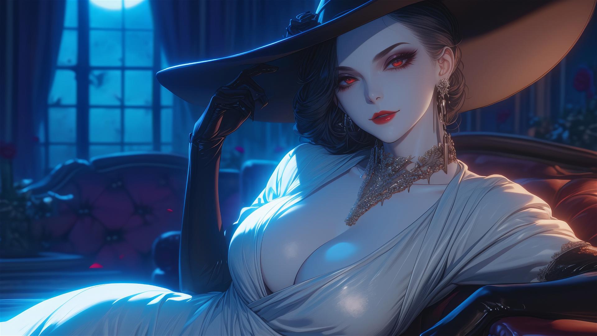 Lady Dimitrescu resting on a hotel bed under moonlight with gothic elegance.