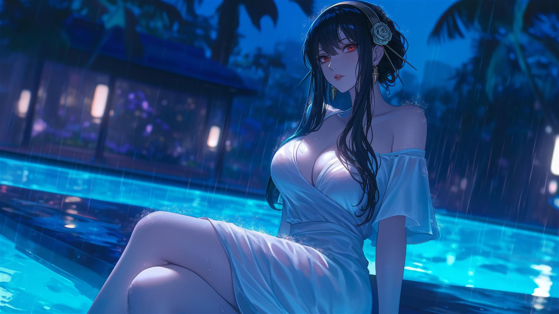 Yor Forger in white dress resting by a rainy pool under moonlight