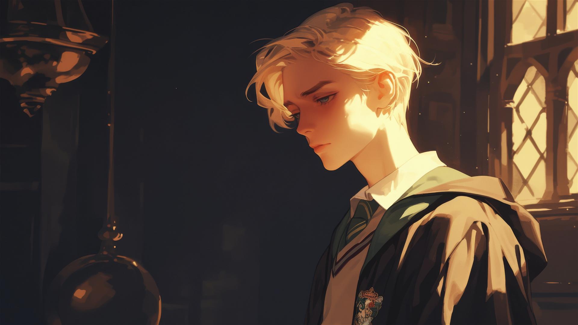 Artistic illustration of Draco Malfoy with golden hair in a spotlight on a dark background.