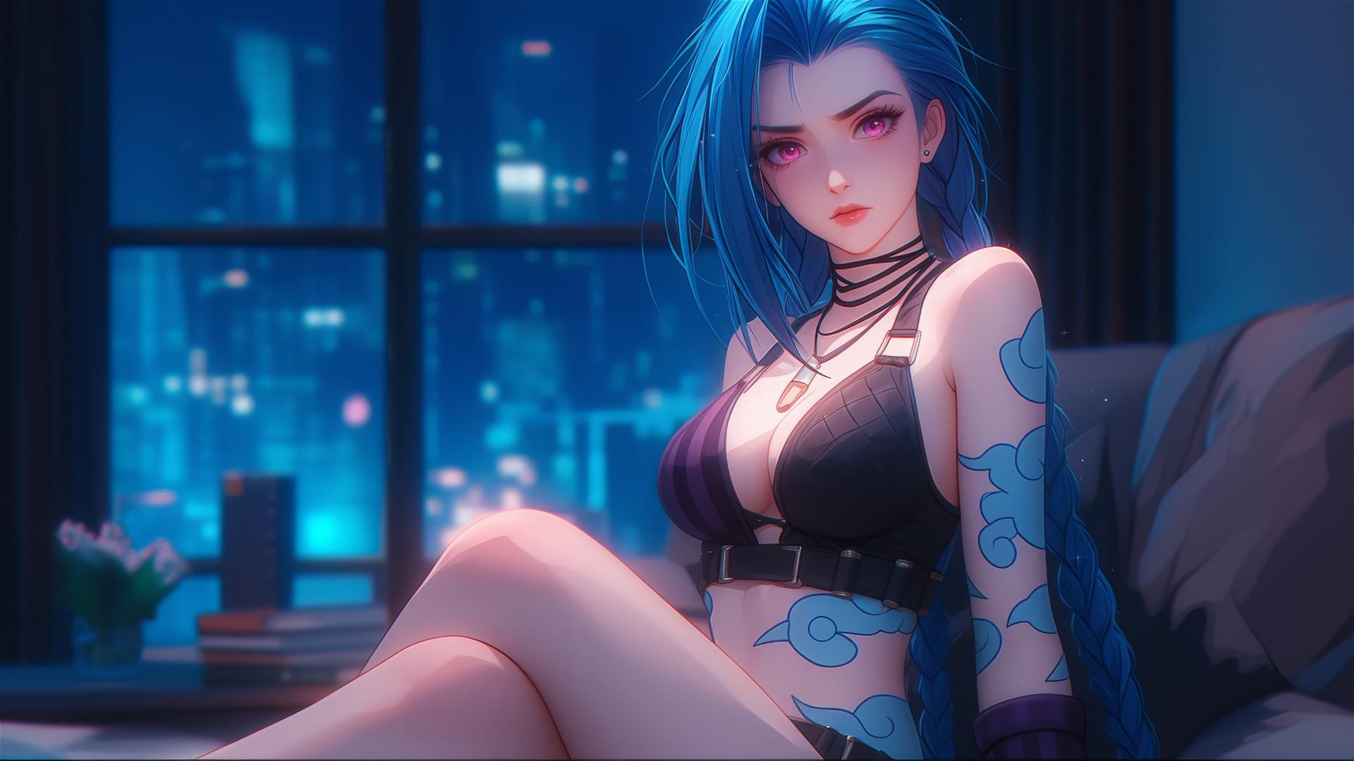 Jinx from League of Legends resting in an apartment with moonlight glow