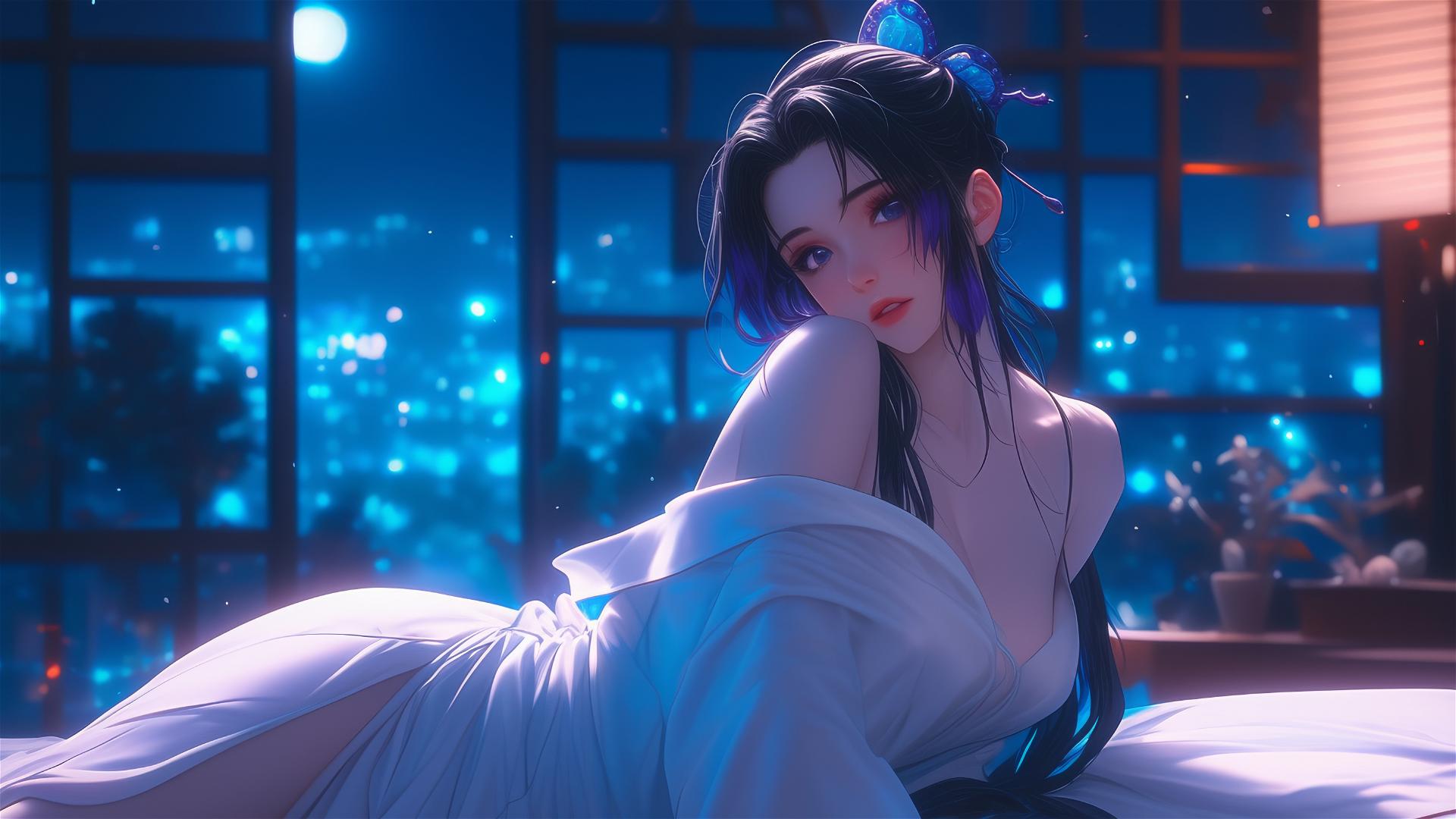 Shinobu Kocho resting in a hotel with neon lights and moonlight