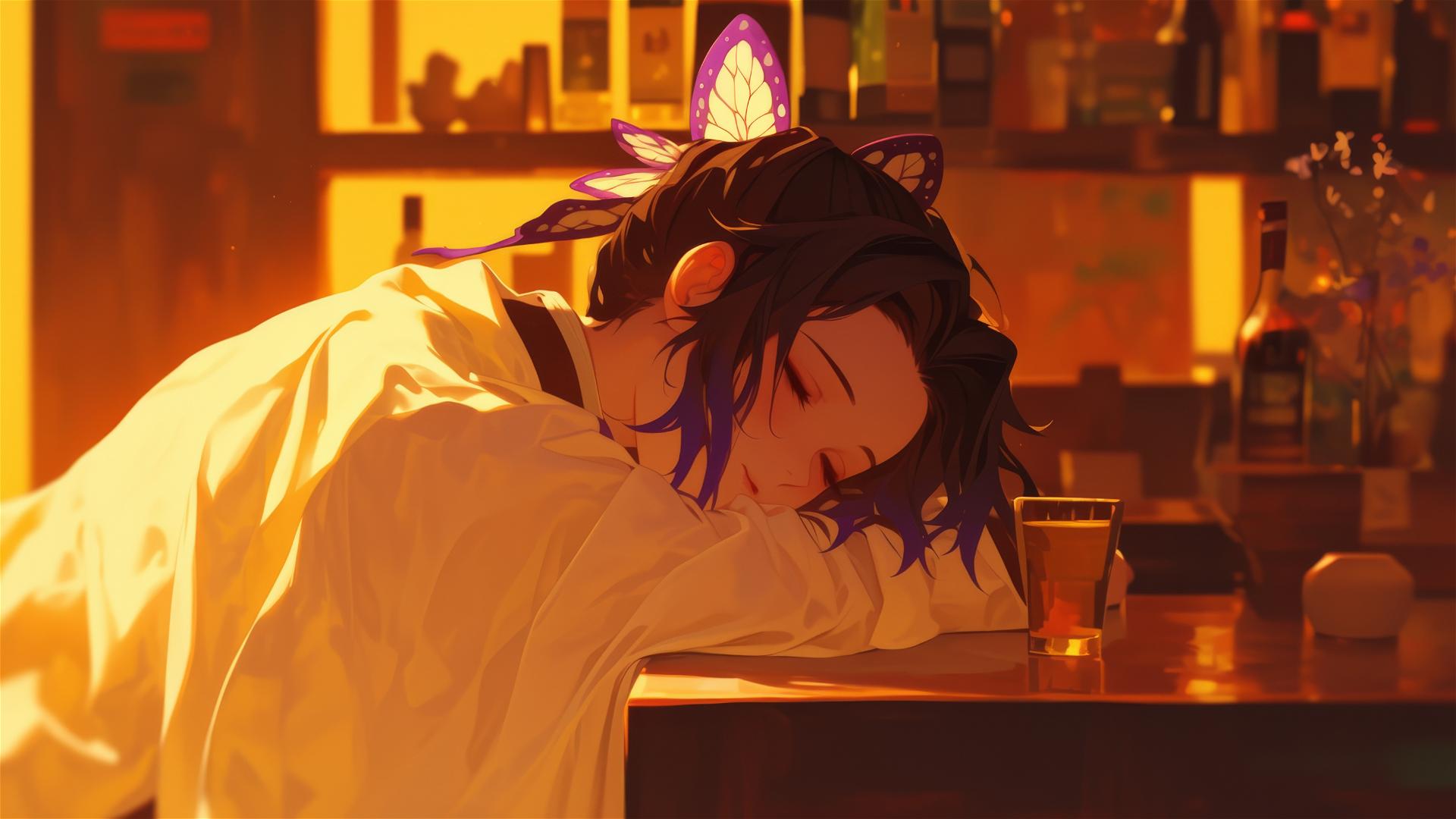 Shinobu Kocho in white silk pajamas at a bar with dim lighting