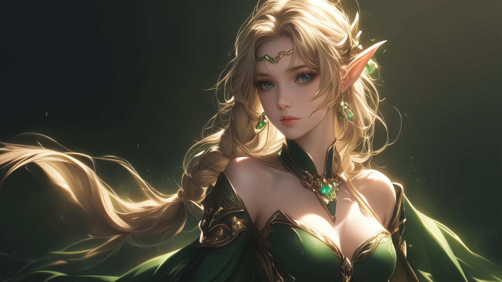 Fantasy Elf girl in dynamic pose with spotlight effect on dark background