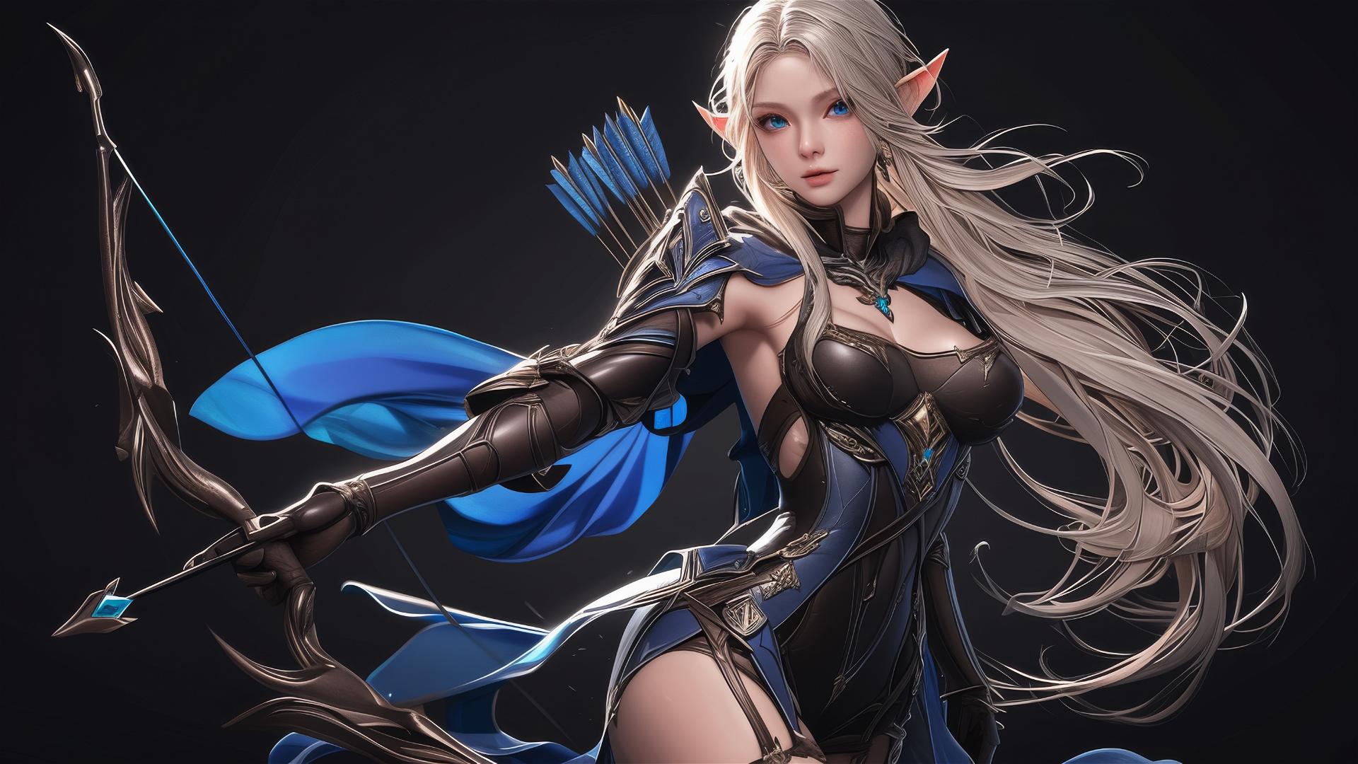 Fantasy Elf Archer in dynamic pose on dark background with spotlight effect