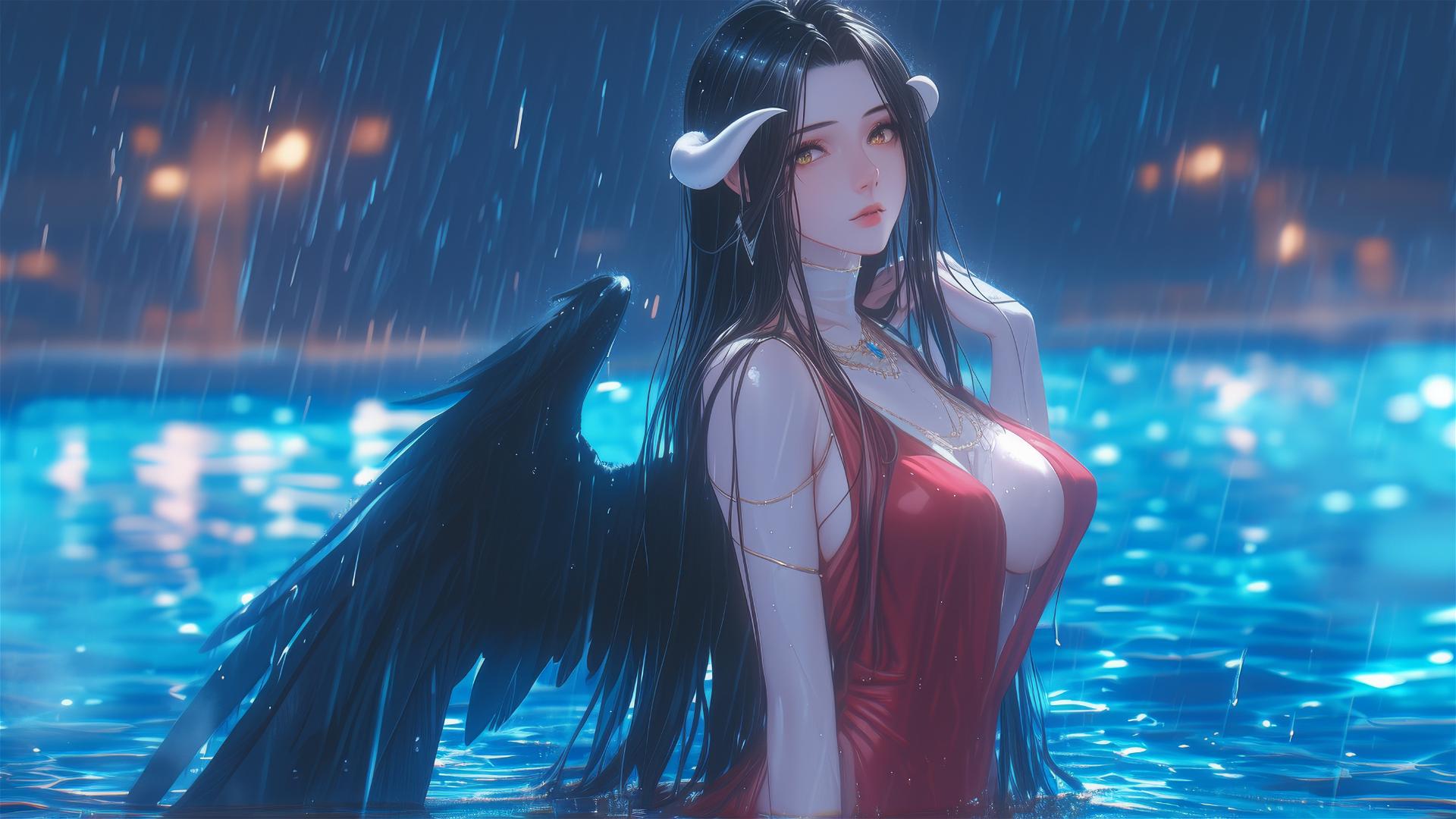 Albedo from Overlord in a red dress standing in a rainy pool under moonlight