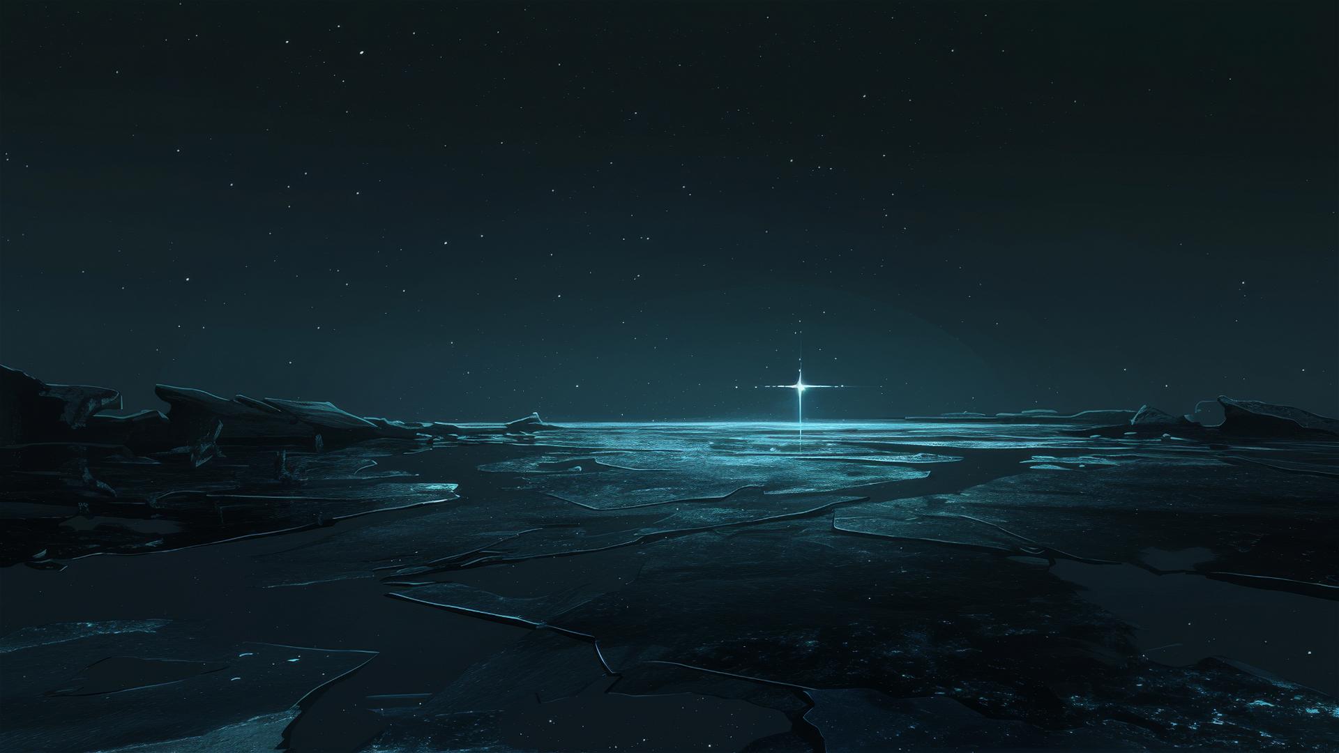 Aesthetic dark frozen pond scene reflecting a distant star