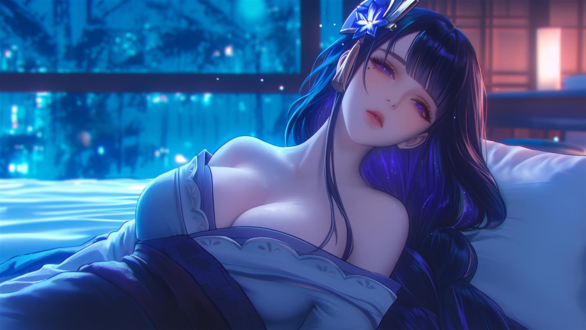 Raiden Shogun from Genshin Impact resting at a modern hotel, moonlight glow.