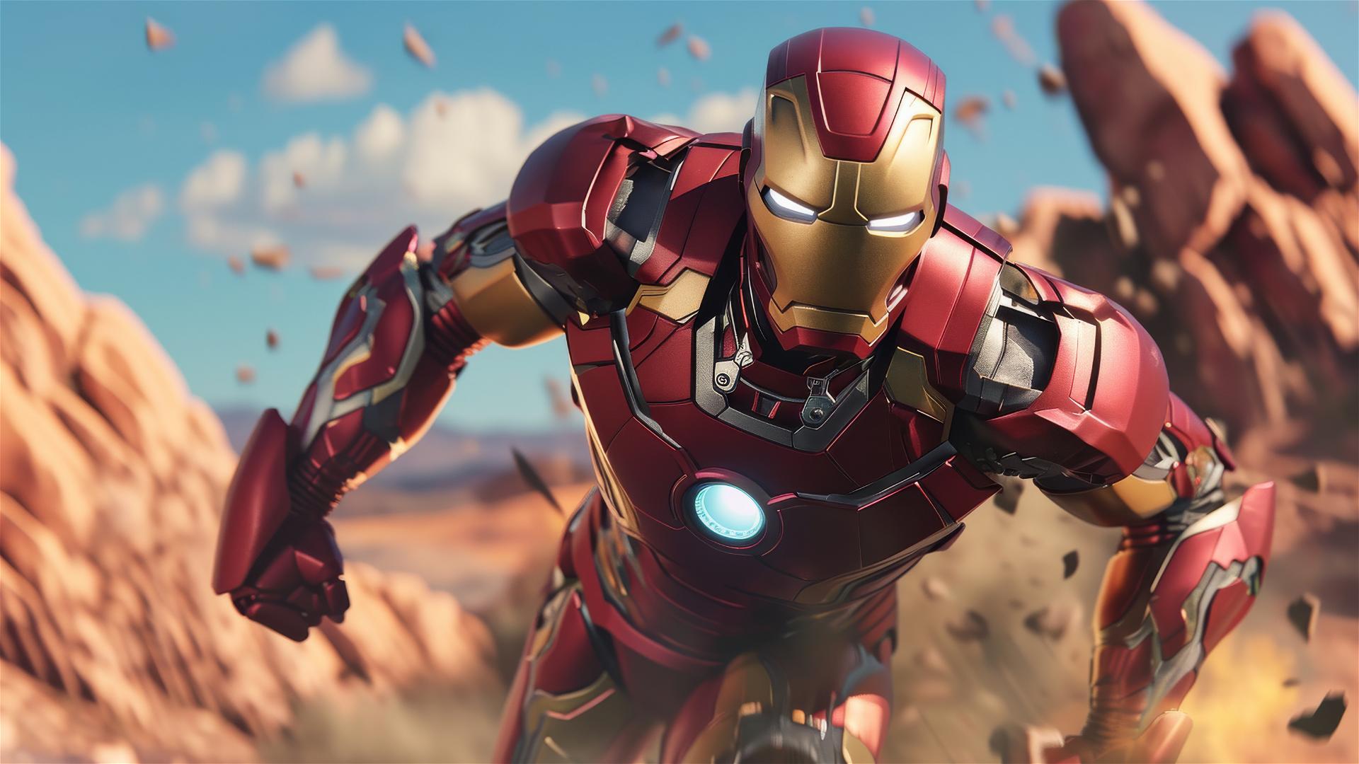 Cartoon Ironman with exaggerated features in a gritty landscape