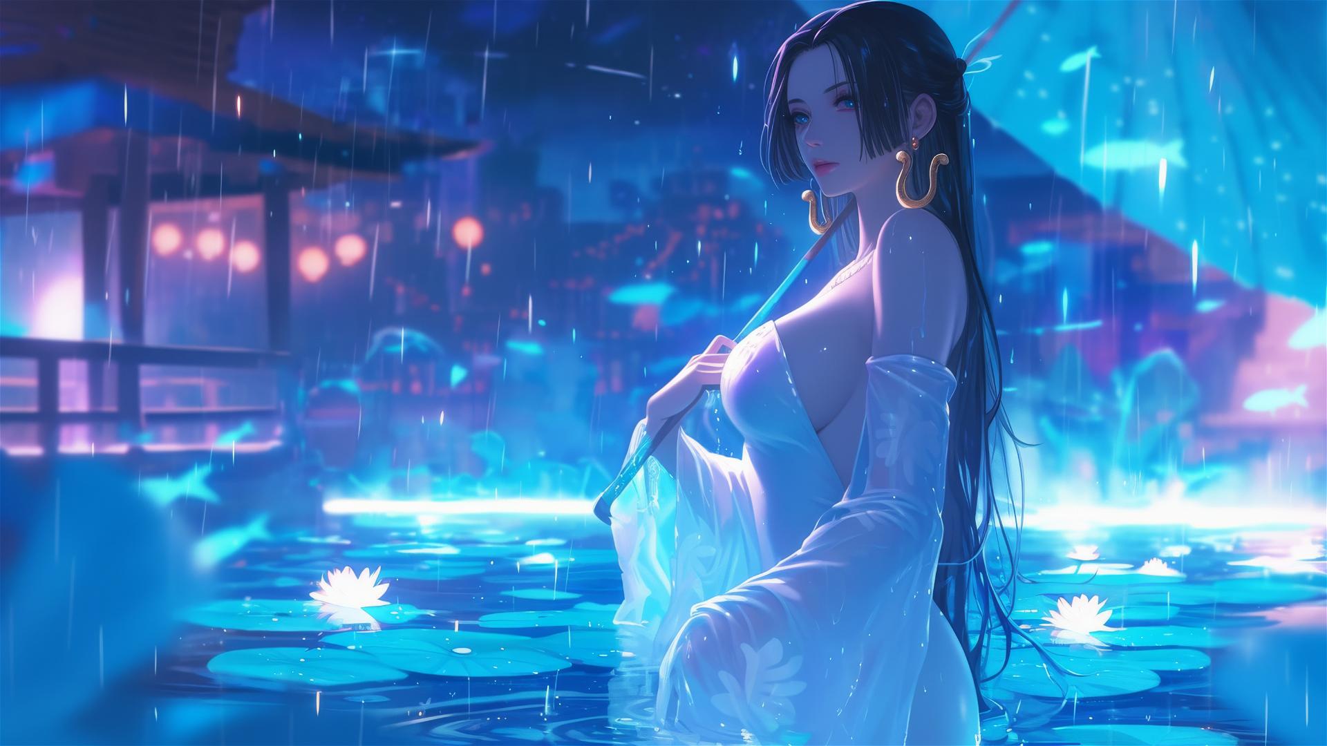 Boa Hancock in white dress under moonlight by rainy pool