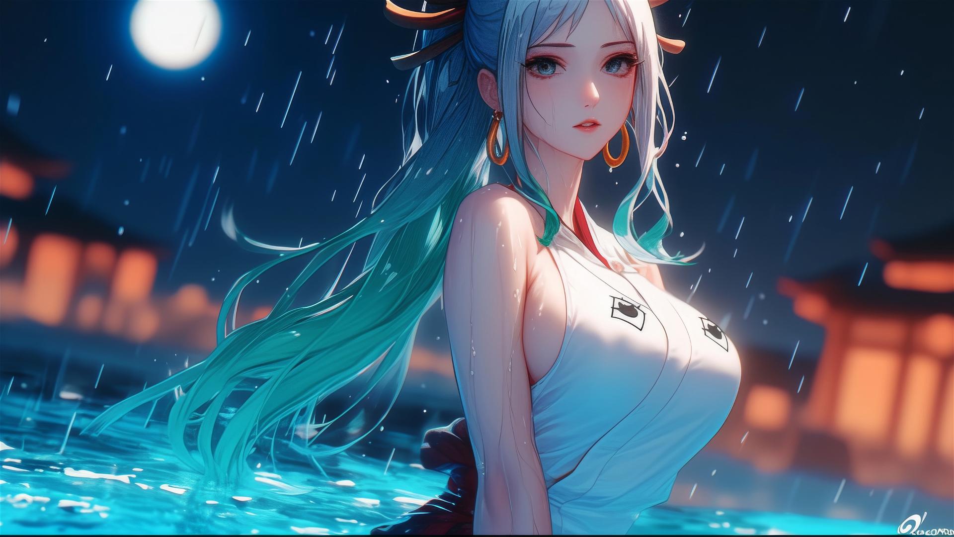 Yamato from One Piece exiting pool under huge moonlit night