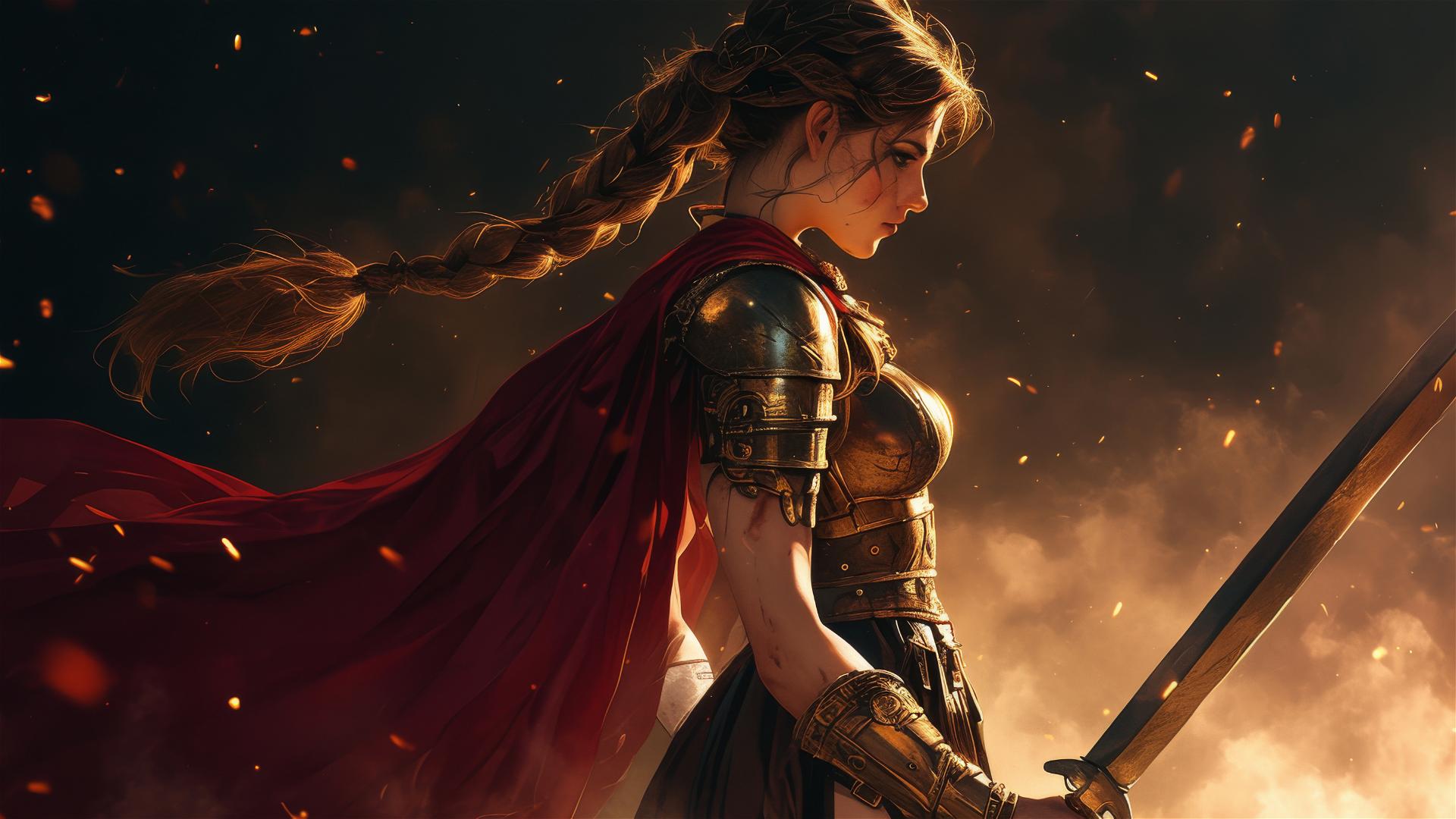 Gladiator warrior girl with a thigh focus on a dark background, spotlight effect