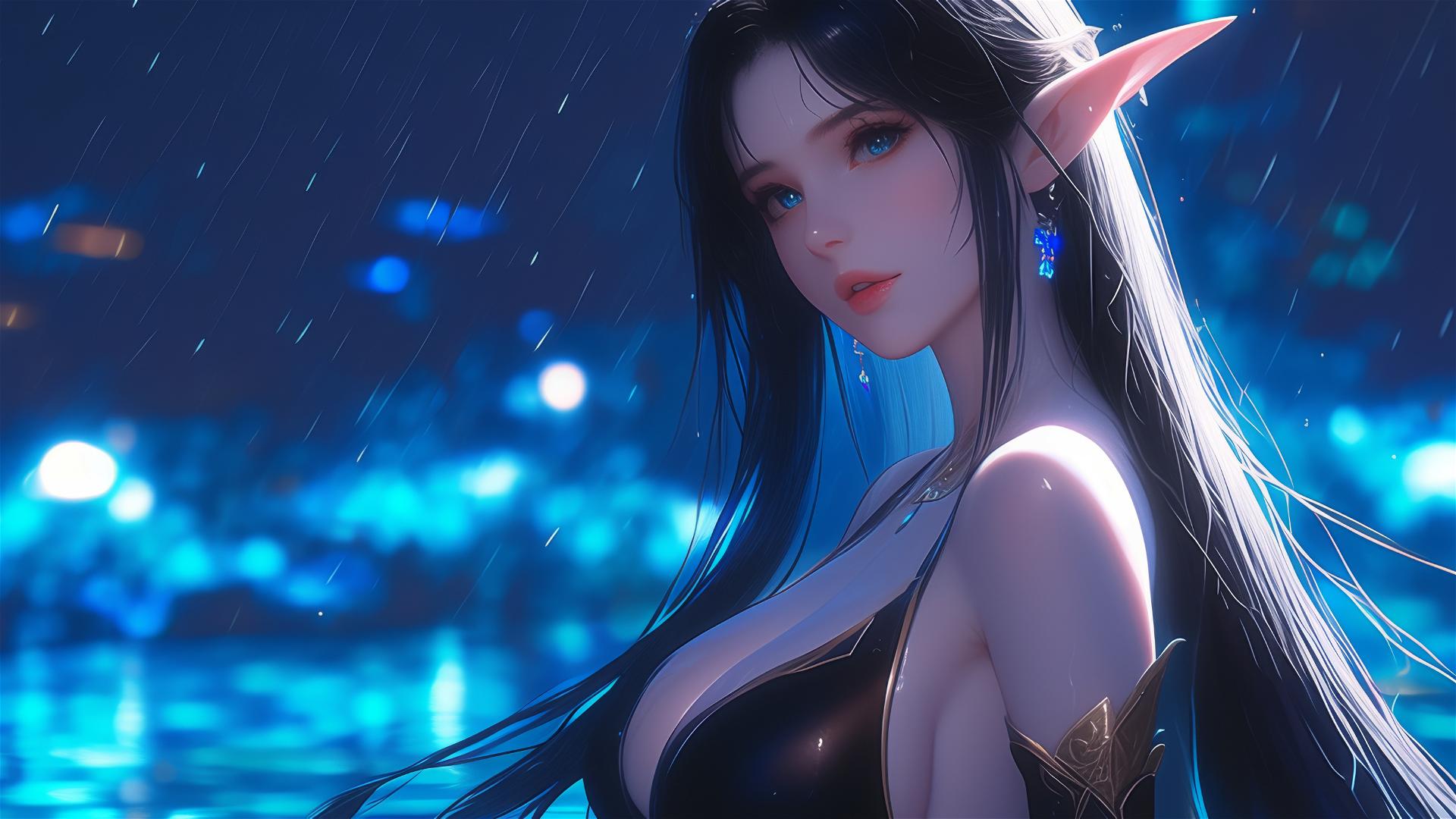 Fantasy Elf girl resting by a rainy pool under moonlight