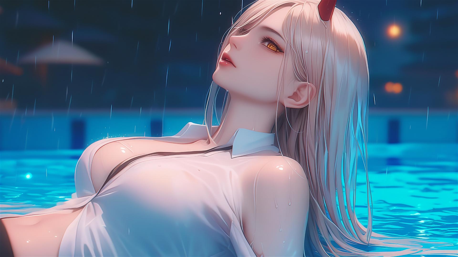 Power from Chainsaw Man resting at rainy swimming pool with light red horns and yellow eyes