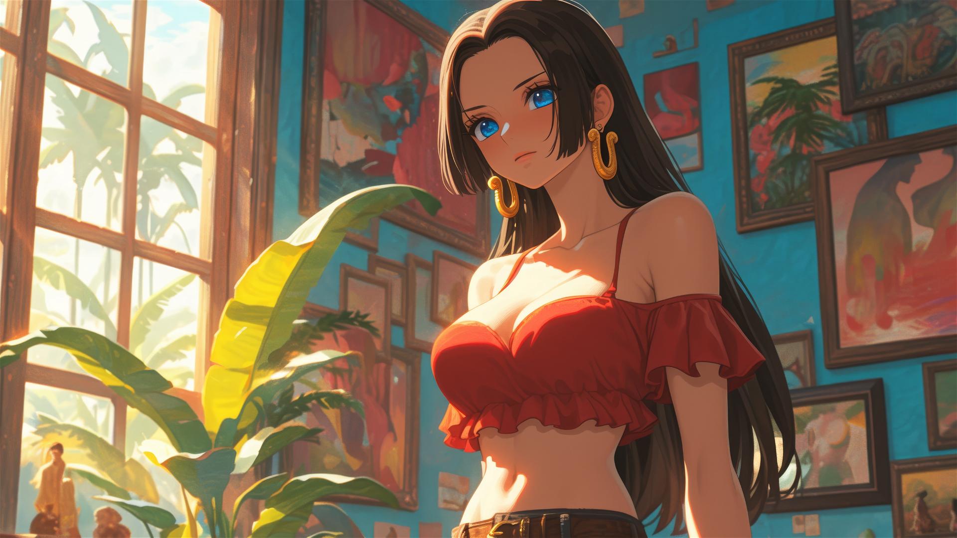 Boa Hancock from One Piece wandering in an art gallery under soft lights