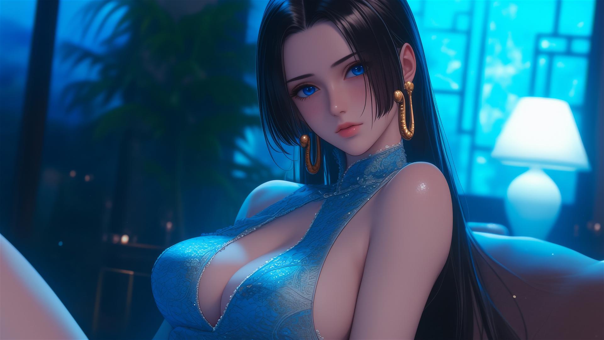 Boa Hancock from One Piece, sitting with moon light glow