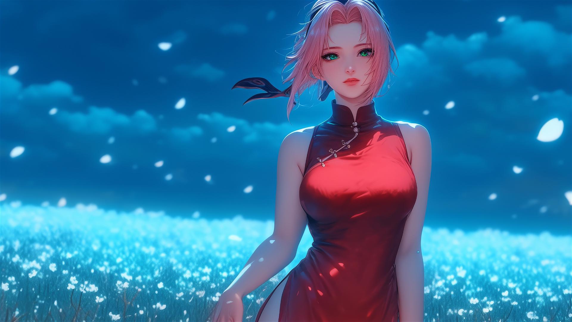 Sakura Haruno walking in blooming fields under a starry night, moonlit soft glow on her figure