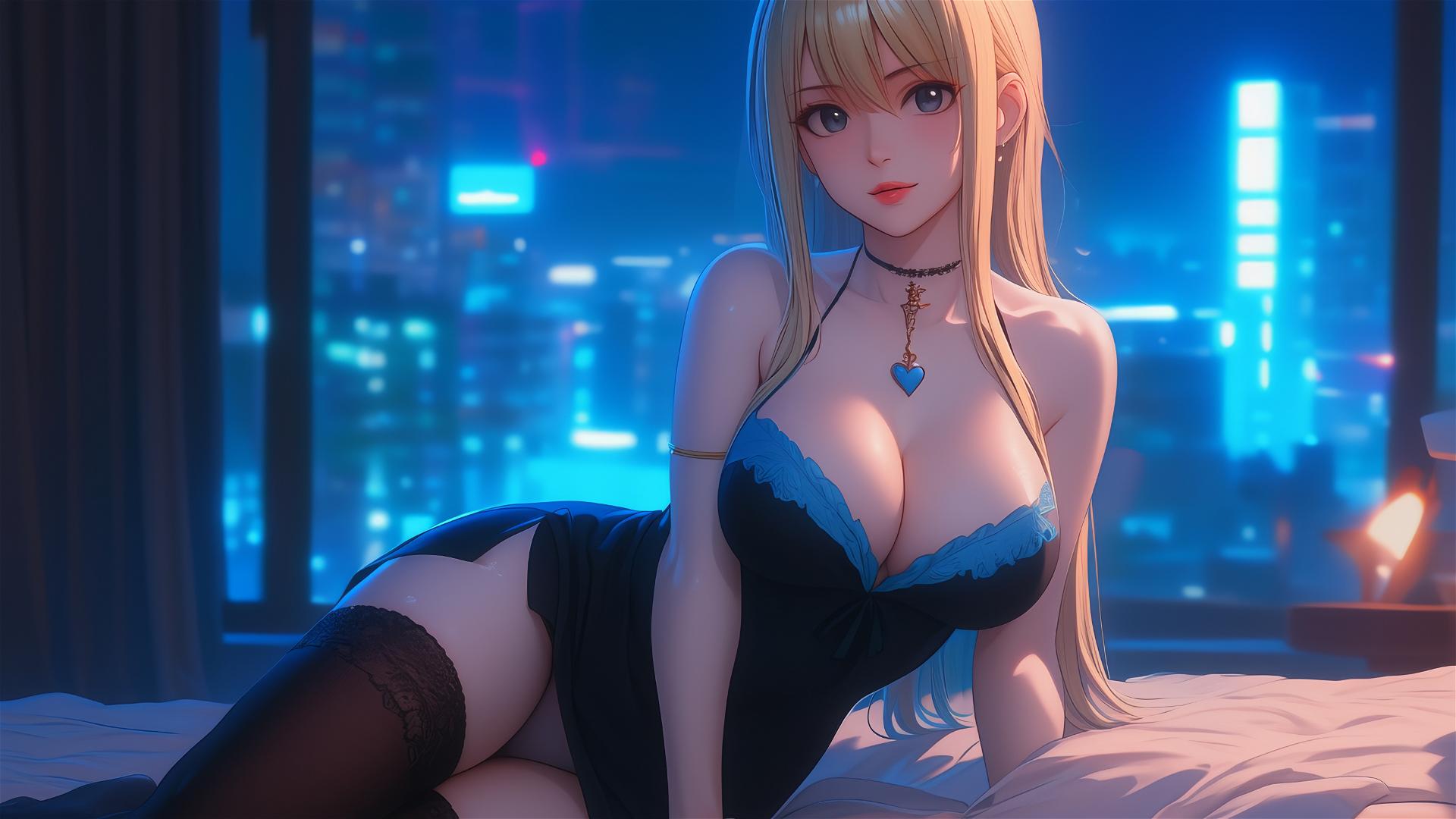Lucy Heartfilia from Fairy Tail resting in a modern hotel room under moonlight.