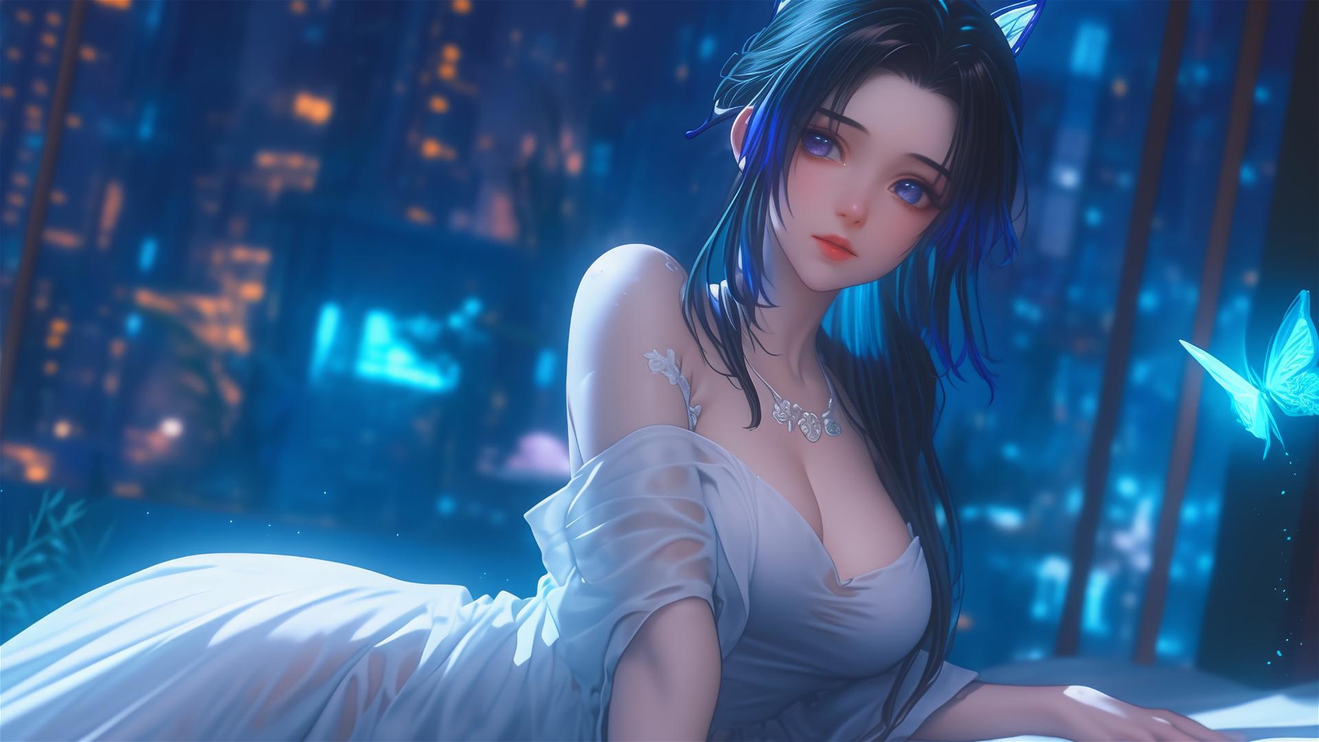 Shinobu Kocho from Demon Slayer resting in a neon-lit modern hotel room